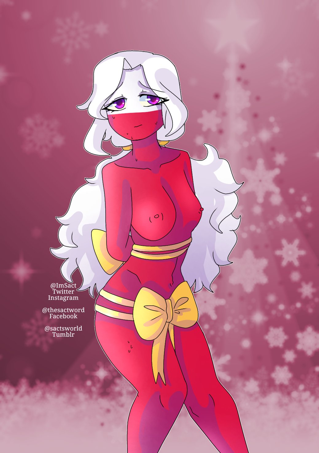 anthro big_breasts bondage bow christmas countryhumans countryhumans_girl gift_wrapped imsact long_hair pink_eyes poland_(countryhumans) red_body red_skin tagme white_hair