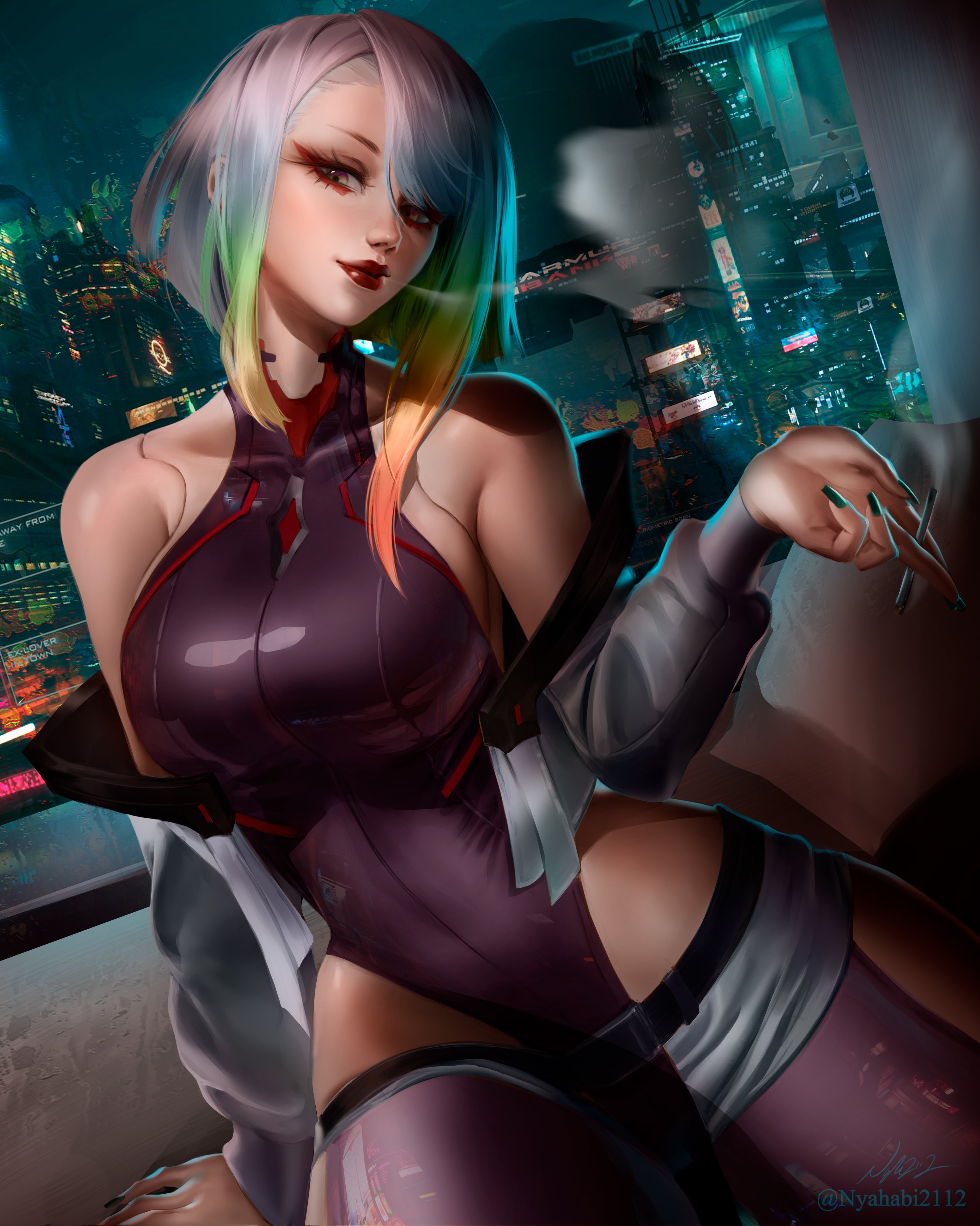 1girls, breasts, cd projekt red, cyberpunk 2077, cyberpunk: edgerunners, female, female only, huge breasts, light skin, light-skinned female, lucyna kushinada, netflix, nyahabi2112, studio trigger, thick thighs, tight clothing, tight fit