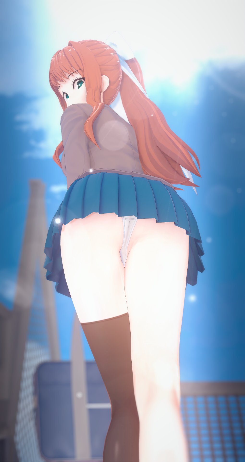 blue skirt, doki doki literature club, female, koikatsu, looking back, looking down, mashirosolera, monika (doki doki literature club), panties, pantyshot, pantyshot (standing), skirt, upskirt, white panties