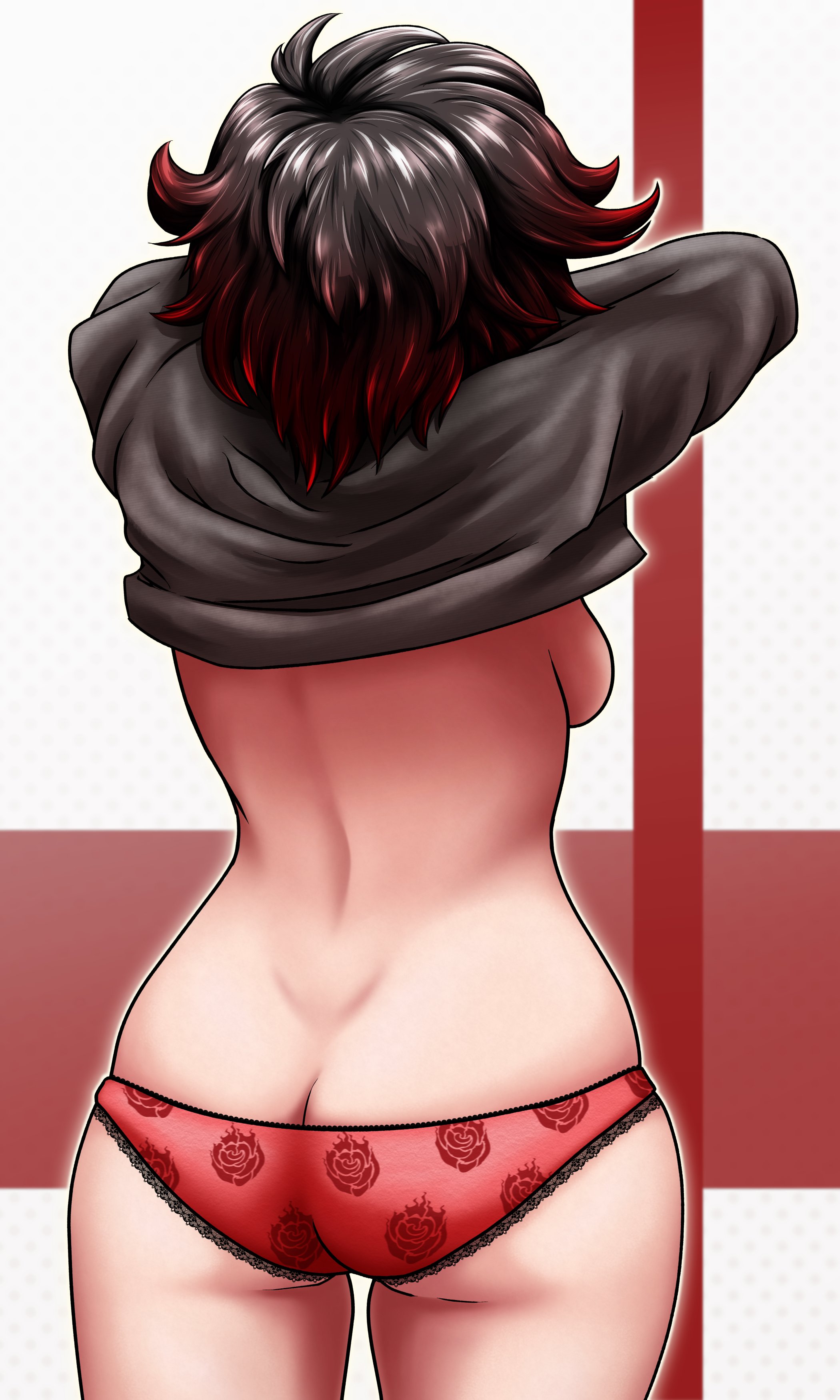 1girls, ass, ass cleavage, ass crack, backboob, breasts, butt crack, child bearing hips, female, female only, from behind, human, lainycakes, meme, panties, ruby rose, rwby, ryukoredraw, solo, tomboy, undressing