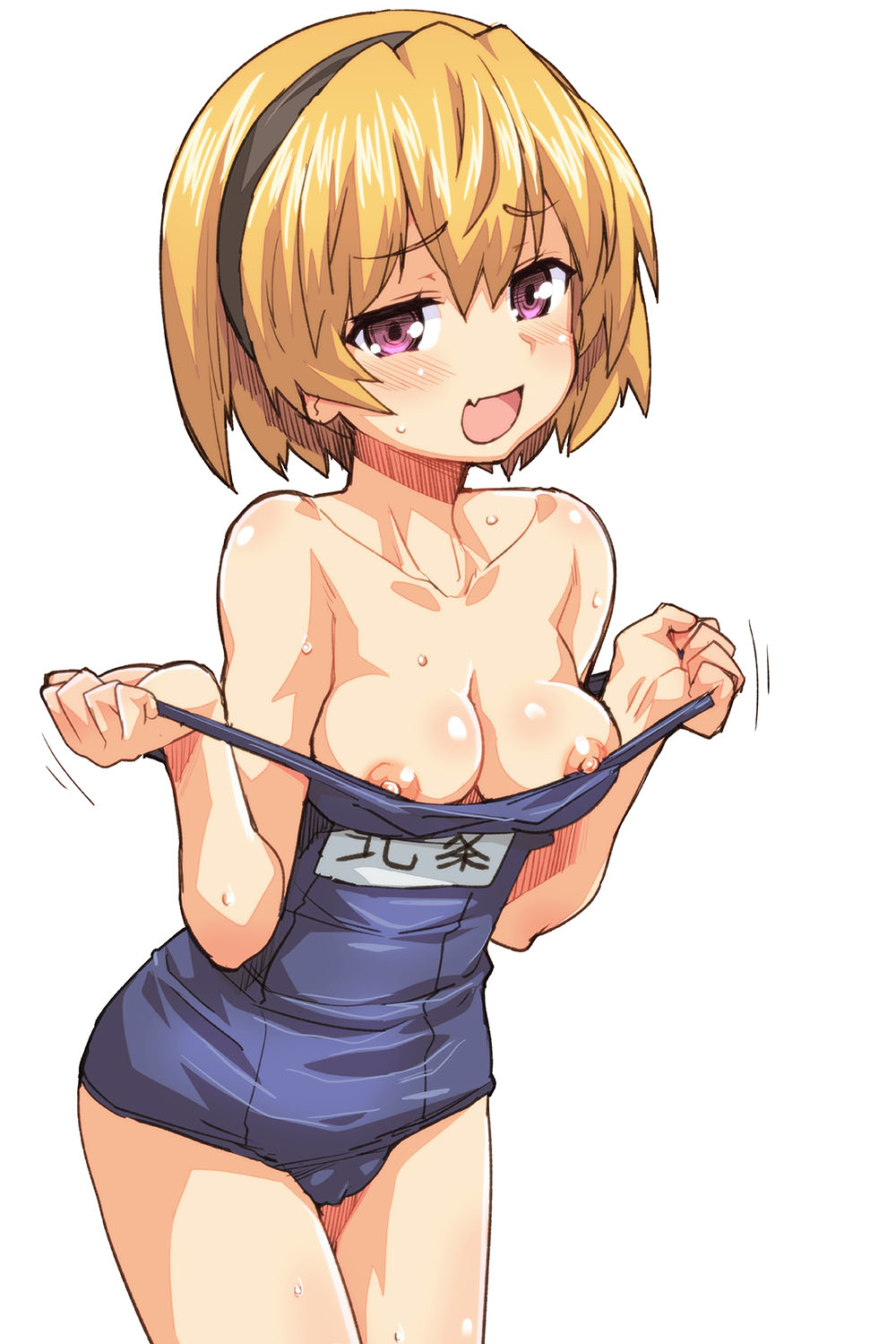 07th_expansion bare_shoulders blonde_hair blue_one-piece_swimsuit blush breasts collarbone female hagiya_masakage hair_ornament hairband highres higurashi_no_naku_koro_ni houjou_satoko looking_at_viewer medium_breasts medium_hair nipples oerba_yun_fang one-piece_swimsuit open_mouth purple_eyes school_swimsuit shiny shiny_skin swimsuit thighs undressing wet wide_hips