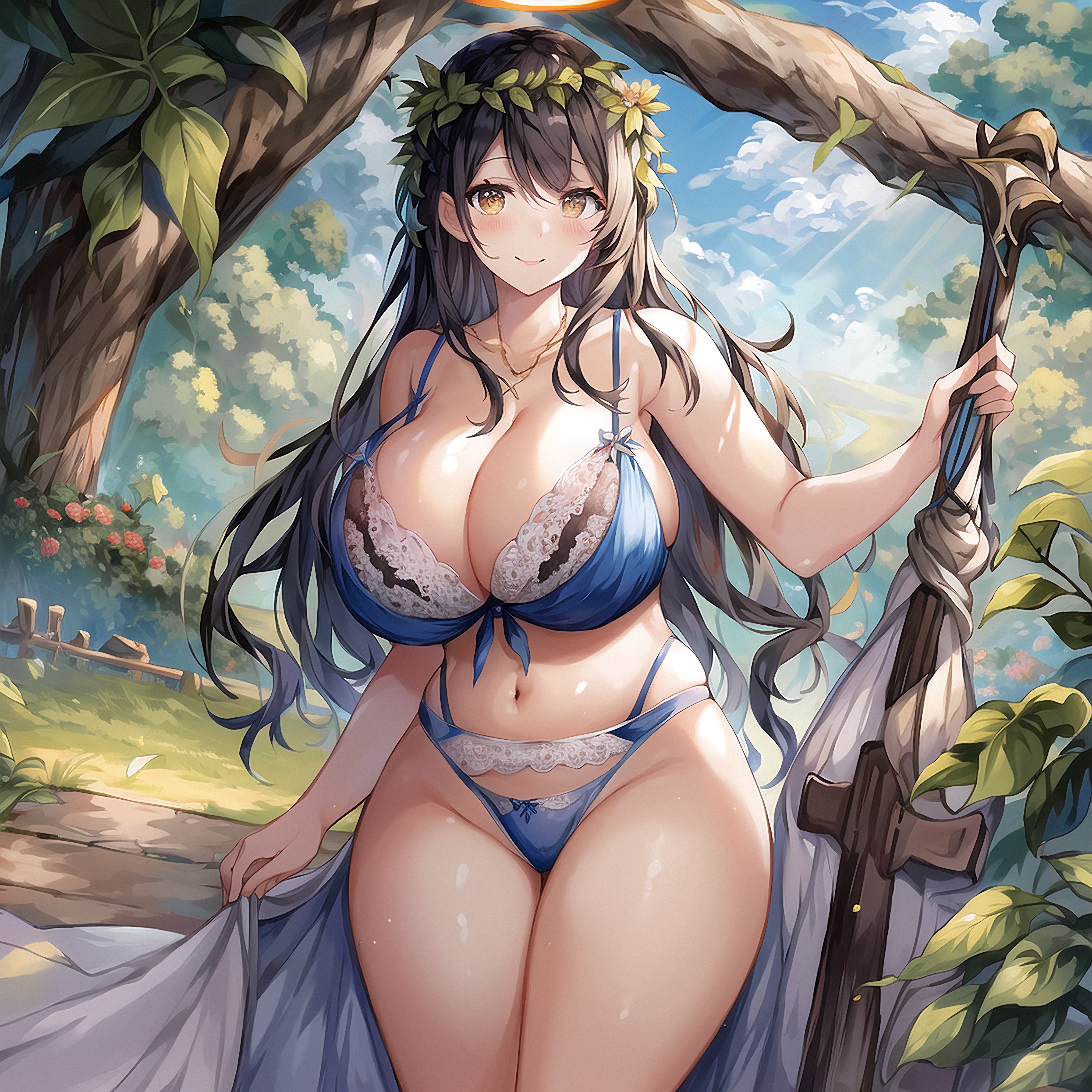 1girls, ai generated, belly button, blush, bra, breasts, brown hair, cleavage, female, forest, hips, holding object, huge breasts, laurel crown, light skin, light-skinned female, long hair, navel, original, original character, outdoors, panties, slim waist, smile, stable diffusion, staff, thick thighs, thighs, wide hips, yellow eyes