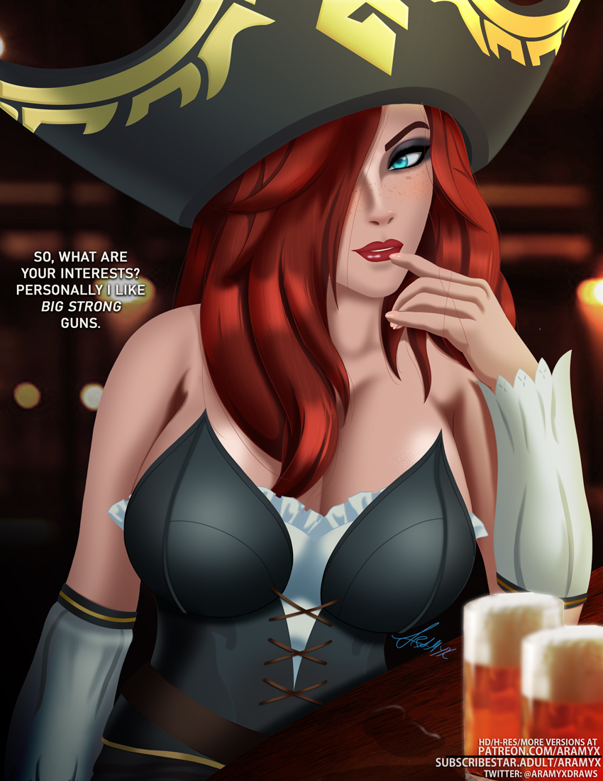 aramyx beer_mug big_breasts blue_eyes cleavage date dialogue female_pirate freckles league_of_legends league_of_legends:_wild_rift miss_fortune pirate_hat red_hair red_lipstick