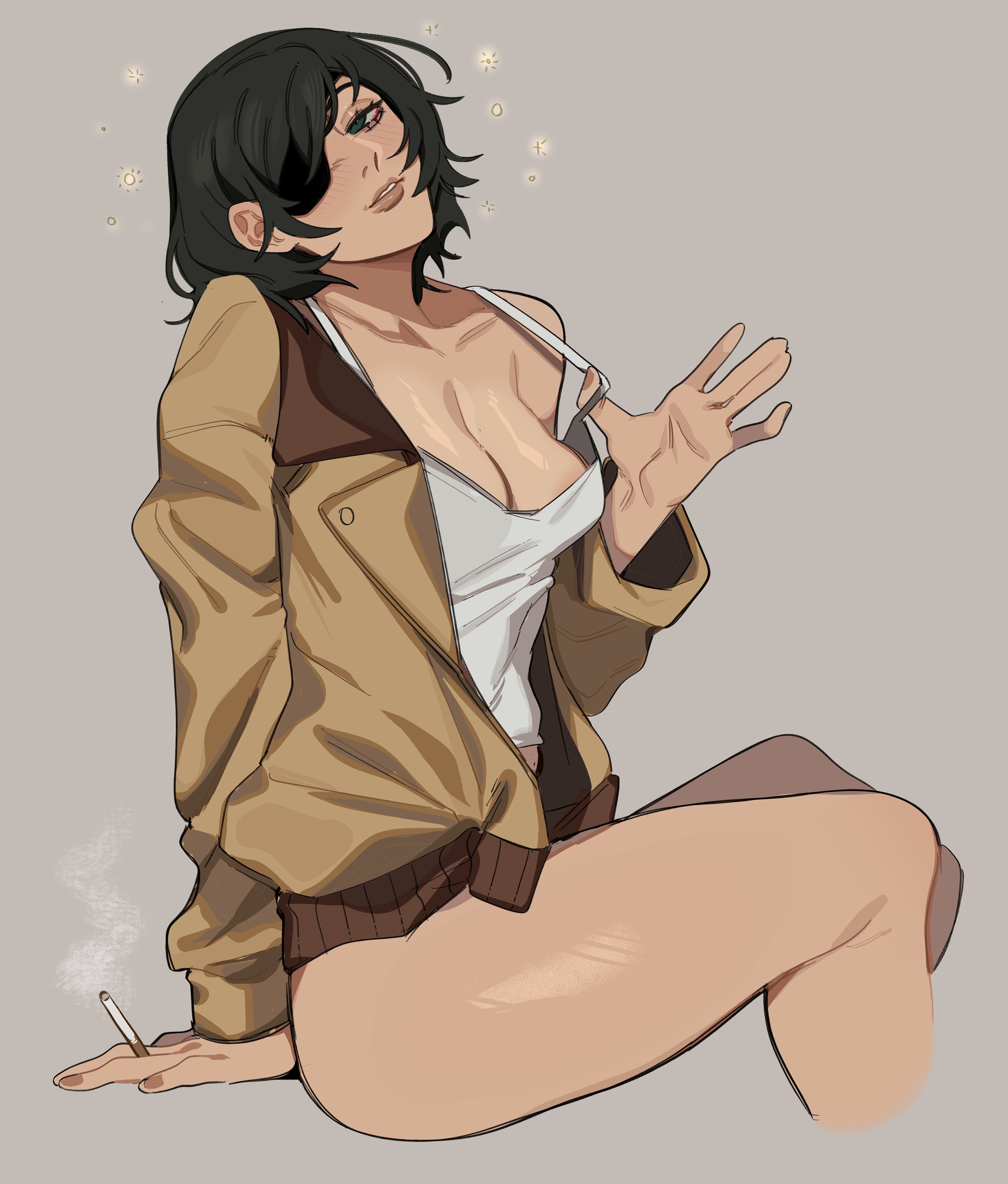 1girls, 2022, 2d, 2d (artwork), ass, big ass, big breasts, black hair, bottomless, breasts, casual, chainsaw man, cigarette, cleavage, eye patch, female, female only, himeno (chainsaw man), human, human only, light skin, light-skinned female, looking at viewer, mappa, porqueloin, questionable, short hair, sitting, solo, solo female, tank top, tank top pull, thick thighs