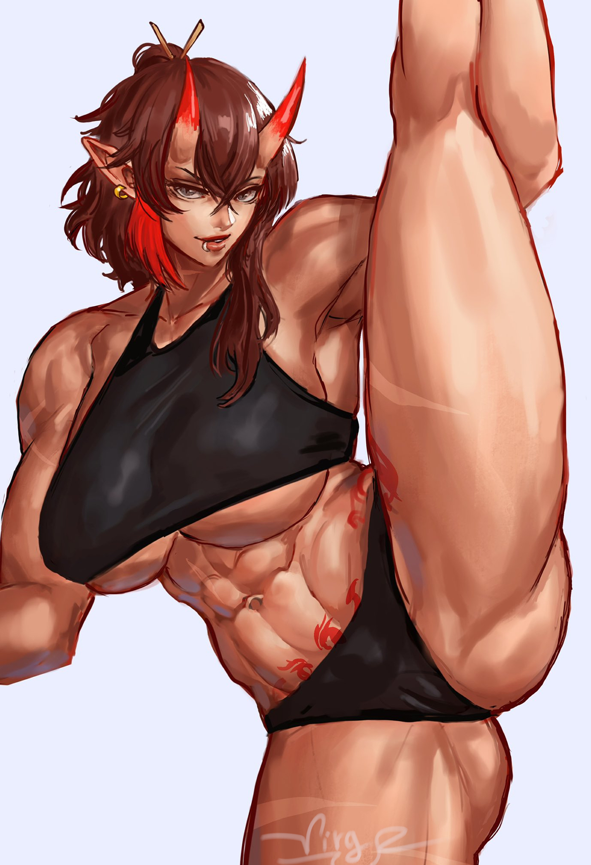 1girls, abs, breasts, brown hair, cameltoe, female, female only, hi res, holding leg, horns, indie virtual youtuber, lip ring, looking at viewer, muscles, muscular, muscular female, muscular thighs, narrowed eyes, oni, oni horns, panties, pointy ears, pussy, red highlights, smiling at viewer, solo, splits, standing split, topwear, underboob, virgoart1509, virtual youtuber