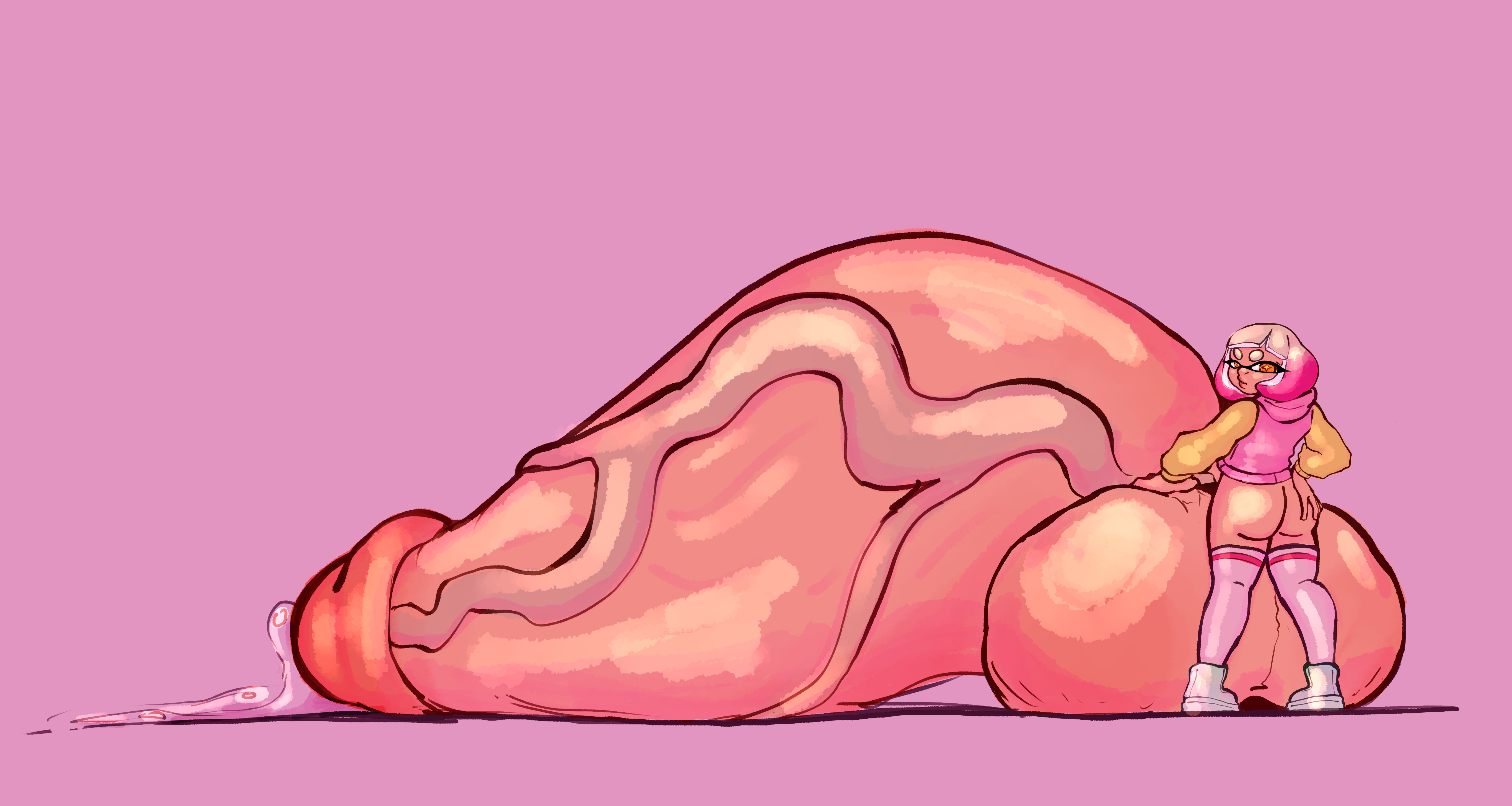 1futa, absurd res, back, back view, balls, big penis, bottomless, clothed, clothing, erection, futa only, futanari, humanoid, humanoid penis, hyper, hyper balls, hyper penis, inkling futa, intersex, light skin, light-skinned futa, looking at viewer, looking back, partially clothed, pearl (splatoon), penis, penis bigger than body, precum, precum drip, solo, splatoon, standing, syllabunne, thighhighs, veiny penis