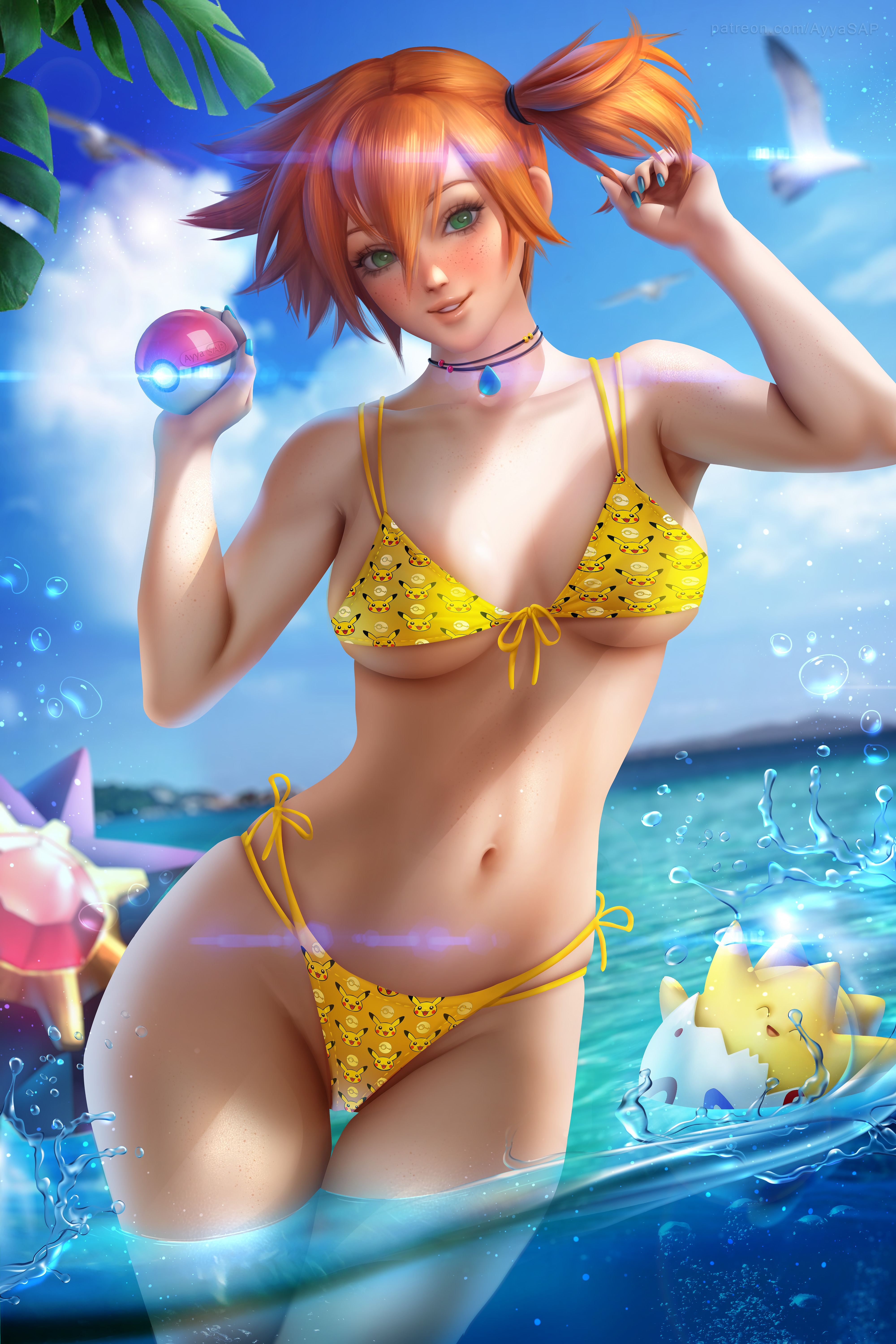asymmetrical hair, ayya saparniyazova, ayyasap, beach, bikini, blush, bra, breasts, clothing, eyelashes, female, female only, game freak, gen 1 pokemon, gen 2 pokemon, green eyes, gym leader, hair between eyes, hair tie, high resolution, holding, holding object, holding poke ball, kasumi (pokemon), legs, looking at viewer, misty (pokemon), navel, nintendo, open mouth, orange hair, partially submerged, pikachu, pokémon (species), poke ball, pokemon, pokemon (anime), pokemon (classic anime), pokemon (game), pokemon (species), pokemon rgby, ponytail, pose, short hair, shorts, side ponytail, smile, solo, starmie, swimsuit, thighs, tied hair, togepi, very high resolution, water, wet, yellow bikini, yellow swimsuit