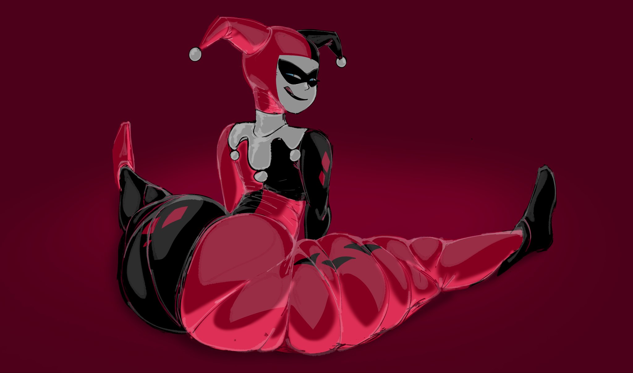 1girls, ass, batman (series), batman: the animated series, big ass, blue eyes, bodysuit, bubble ass, bubble butt, dc, dc comics, female, female only, harley quinn, harley quinn (classic), huge ass, licking lips, looking at viewer, looking back, mrwastemaster, pantylines, rear view, smile, smiling, smiling at viewer, solo, splits, tongue, tongue out