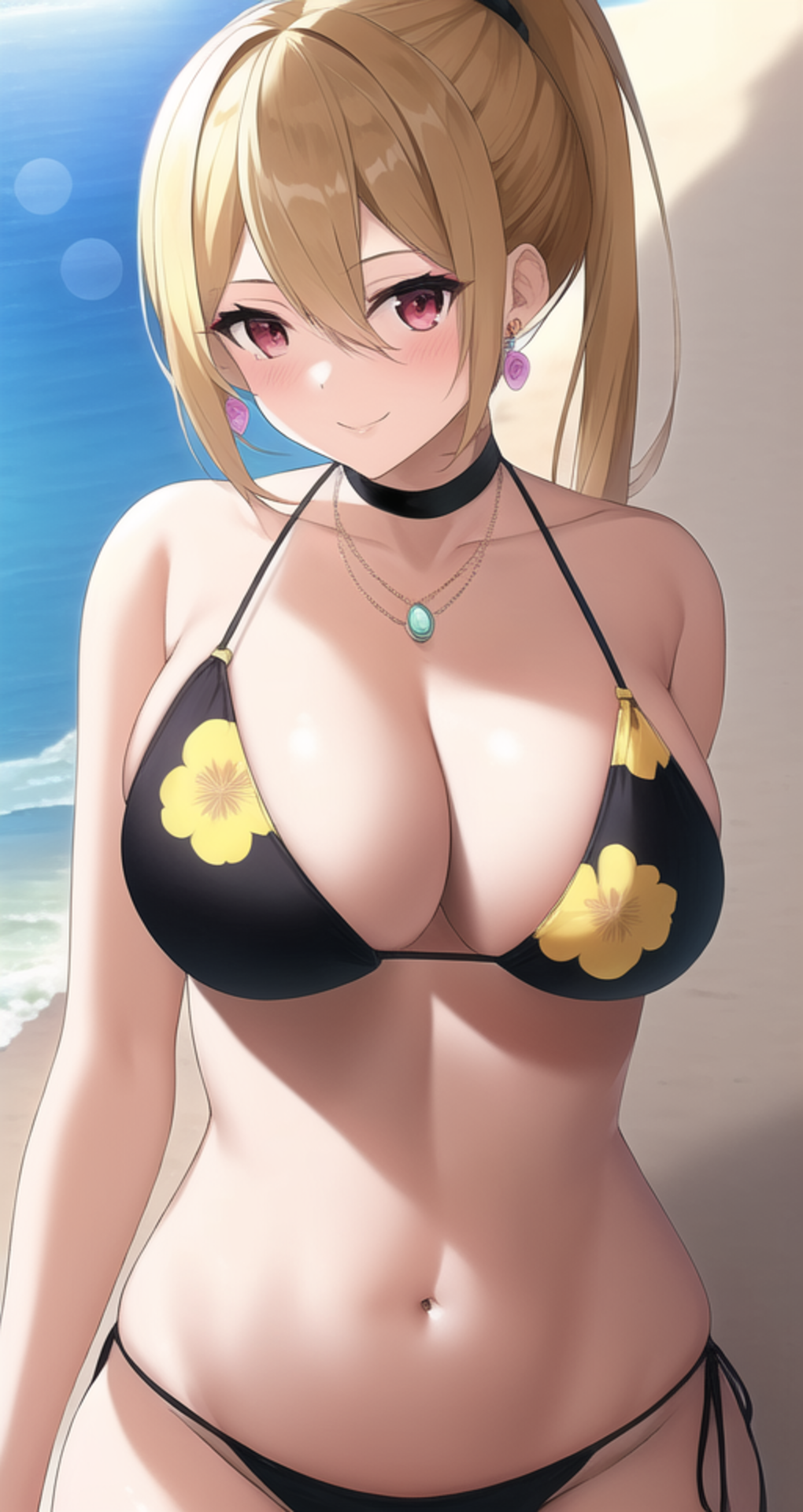 1girls, ai generated, big breasts, bikini, black bikini, blonde hair, breasts, busty, cleavage, female, female only, kitagawa marin, large breasts, long hair, navel, ponytail, red eyes, smile, sono bisque doll wa koi wo suru, voluptuous