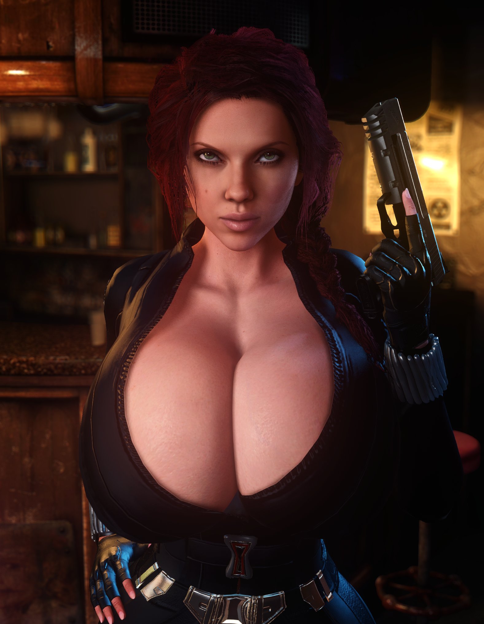 1girls, 3d, 3d (artwork), actress, alternate breast size, big breasts, black widow (marvel), bodysuit, breasts, breasts bigger than head, breasts bigger than torso, busty, celebrity, cleavage, curvy, enormous breasts, female, female only, giant breasts, gigantic breasts, hourglass figure, huge breasts, human, human female, large breasts, light skin, light-skinned female, looking at viewer, marvel, marvel cinematic universe, marvel comics, massive breasts, natasha romanoff, real person, red hair, scarlett johansson, solo, solo female, top heavy, unzipped, unzipped bodysuit, vaako, virt-a-mate, virtamate, voluptuous, weapon, wide hips