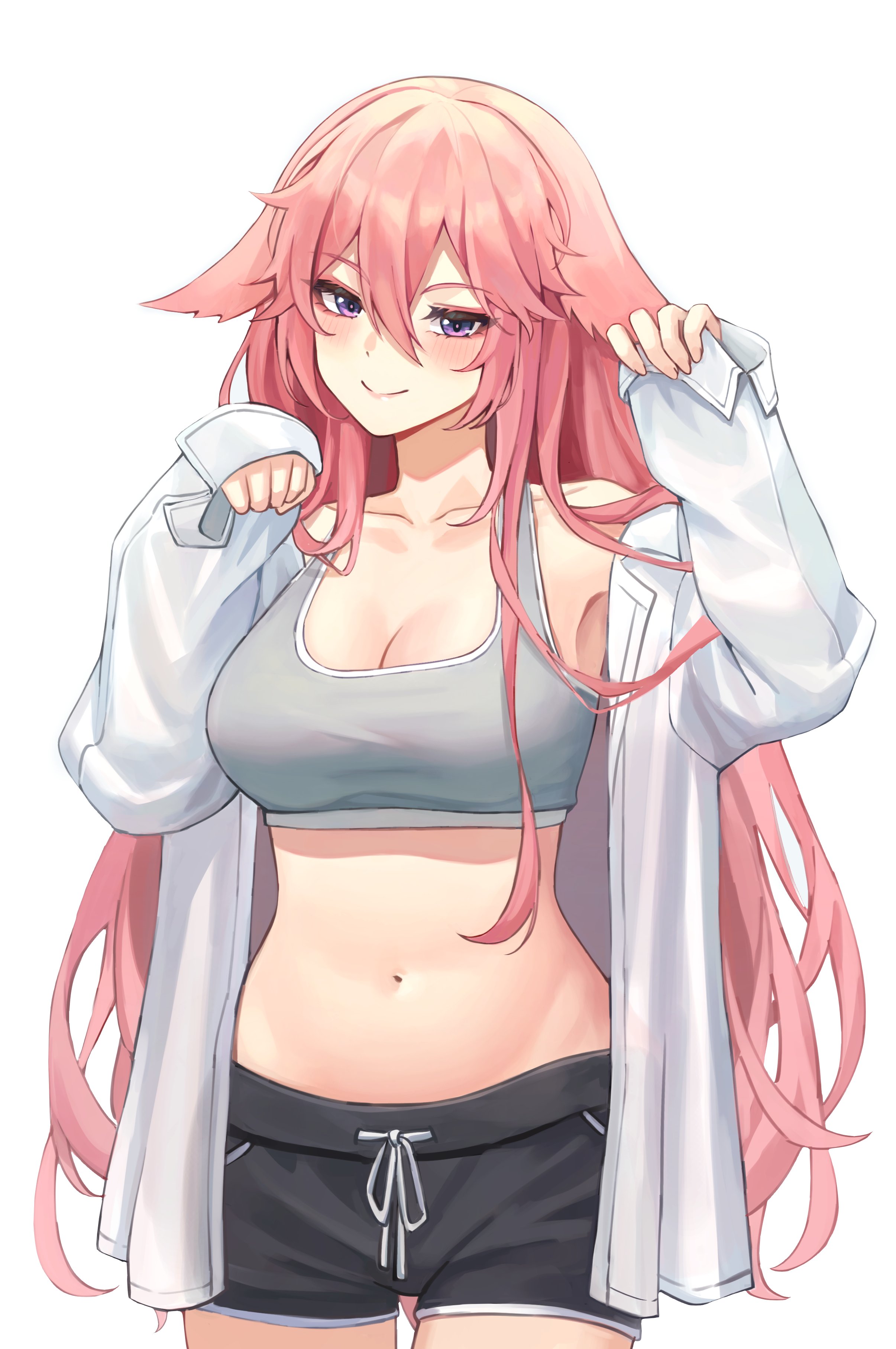 1girls, artist request, belly button, blush, breasts, casual, clothing, female, fox ears, fox girl, fully clothed, genshin impact, hi res, jacket, light skin, light-skinned female, looking at viewer, midriff, navel, open jacket, pink hair, purple eyes, seductive look, shorts, sports bra, sportswear, yae miko