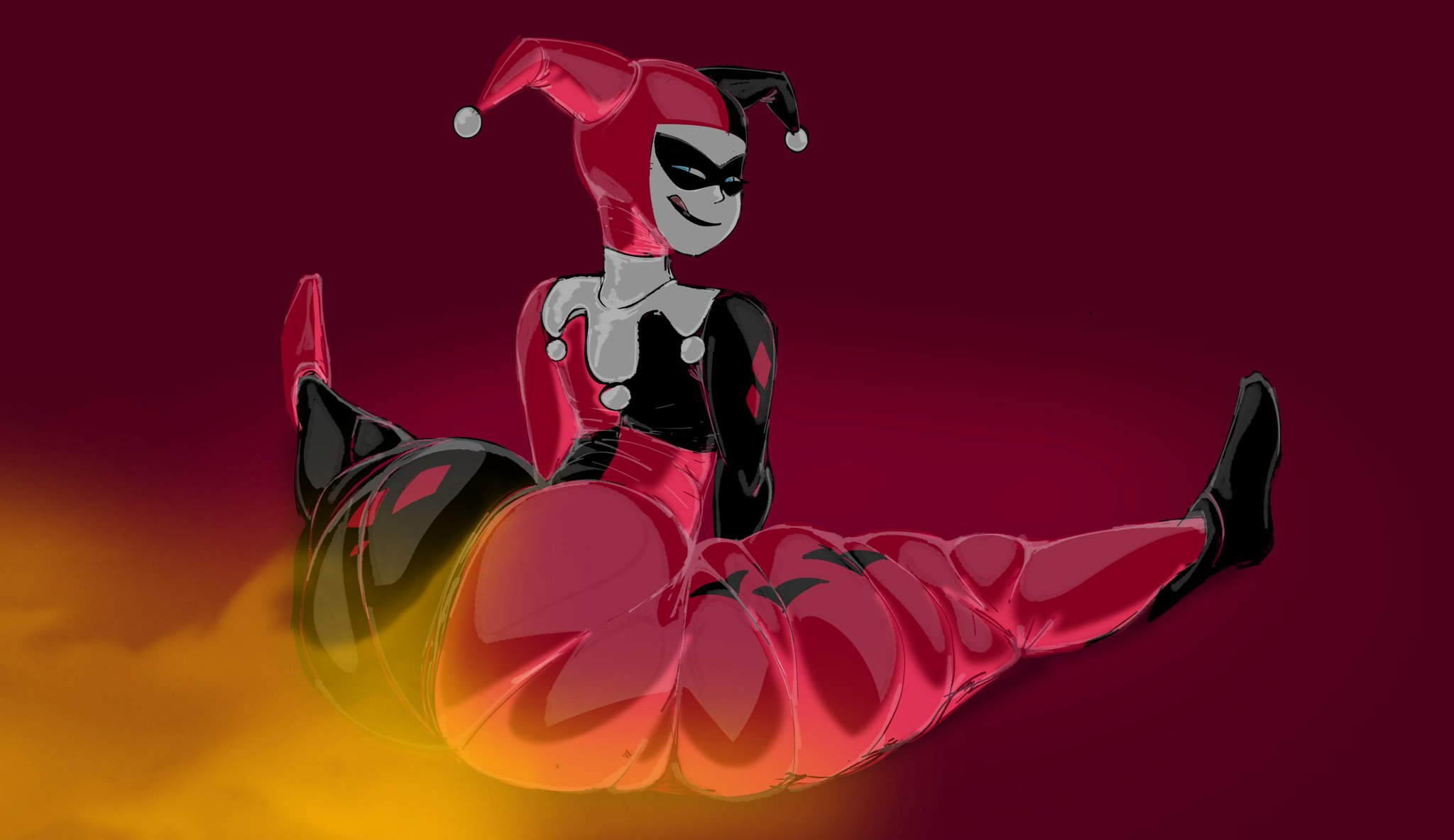 batman (series), batman: the animated series, blue eyes, dc, dc comics, dcau, fart, fart fetish, farting, female, female only, harley quinn, harley quinn (classic), licking lips, looking at viewer, looking back, mrwastemaster, smile, smiling, smiling at viewer, solo, splits, tongue, tongue out