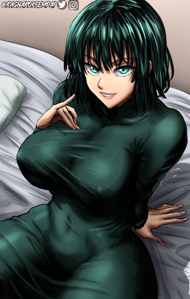 1girls, bangs, bed, belly, big breasts, breasts, busty, clothed, clothing, color, colored, curvaceous, curvy, curvy body, curvy female, curvy figure, daraz18aka, dark green hair, dress, erect nipples, eye contact, eyelashes, female, female focus, female only, fringe, front view, fubuki (one-punch man), green eyes, green hair, hand on breast, hips, hourglass figure, large breasts, legs, light skin, light-skinned female, lips, looking at viewer, medium hair, midriff, navel, nipple bulge, nipples, one-punch man, pink lips, pink lipstick, short hair, sitting, sitting on bed, skin tight, smile, smiling, smiling at viewer, solo, solo female, solo focus, teasing, thick, thick thighs, thighs, tight clothing, toned, toned body, toned stomach, voluptuous, wide hips