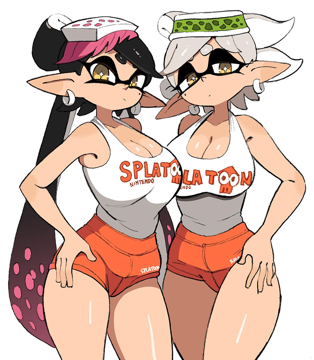 2girls, alternate breast size, beauty mark, black hair, booty shorts, breasts, callie (splatoon), cleavage, earrings, facial markings, female, hair ornament, hand on hip, hips, hooters, hooters (parody), hooters uniform, huge breasts, inkling, light skin, light-skinned female, long ears, long hair, looking at viewer, marie (splatoon), mole, mole under eye, multicolored hair, nintendo, pink hair, pointed ears, pointy ears, short hair, short shorts, shorts, silver hair, simple background, slim waist, splatoon, splatoon (series), squid sisters, symbol-shaped pupils, tank top, tentacle hair, thick thighs, thighs, tied hair, twintails, white background, white hair, wide hips, yellow eyes, yuta agc