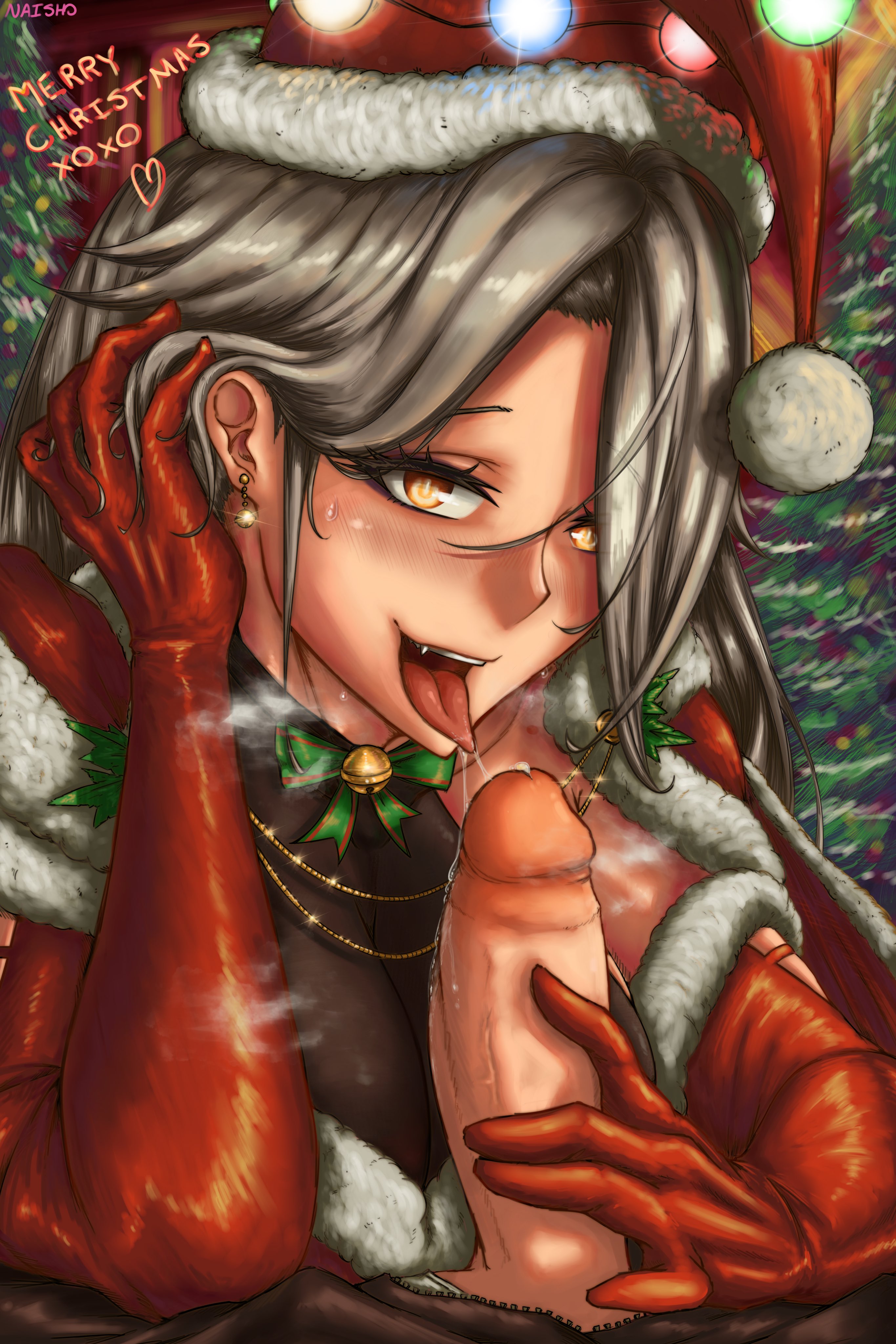 1boy, 1girls, christmas, female, hat, headwear, light skin, light-skinned female, light-skinned male, male, male/female, naisho, open mouth, penis, penis out, santa hat, silver hair, tongue, tongue out, upper teeth, virtual youtuber, vshojo, yellow eyes, zentreya, zentreya (cyborg)