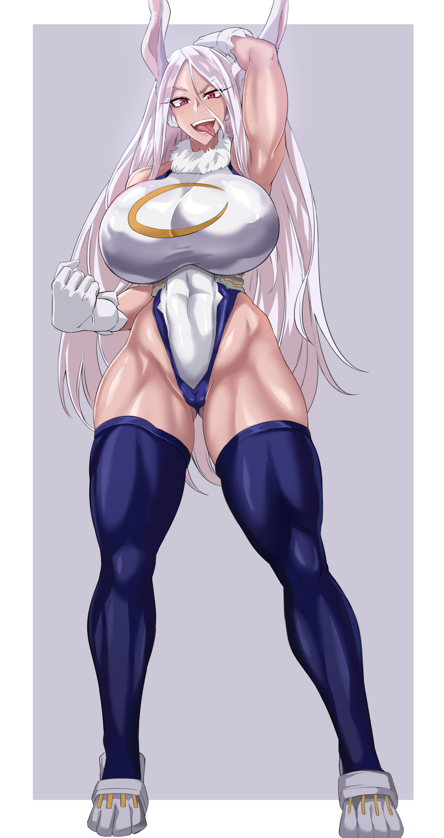 1girls, 2022, alternate breast size, alternate skin color, arm above head, ass visible through thighs, big breasts, breast focus, breasts, bunny, bunny ears, bunny girl, camel toe, cameltoe, dark skin, dark-skinned female, female, female focus, female only, hi res, high resolution, highres, huge breasts, jet puri, large breasts, leotard, light skin, long hair, massive breasts, miruko, muscular, muscular female, muscular thighs, my hero academia, pussy, red eyes, rumi usagiyama, simple background, solo, solo female, solo focus, thick thighs, thighhighs, thighs, tight clothing, tight leotard, toned, toned body, toned female, toned thighs, tongue, tongue out, white hair