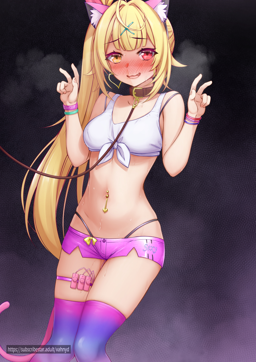 :d animal_ears artist_name bangs blonde_hair blush bracelet breasts cat_ears cat_tail collar collarbone double_v fake_animal_ears fake_tail female gradient gradient_background hair_intakes hair_ornament hands_up heterochromia highleg highleg_panties highres hoshikawa_sara jewelry large_breasts leash long_hair micro_shorts navel navel_piercing nijisanji oerba_yun_fang open_mouth panties piercing pink_shorts ponytail red_eyes sex_toy shiny shiny_clothes shorts skindentation smile solo standing stomach tail thigh_strap thighhighs thong_above_shorts thong_straps underwear v vahn_yourdoom vibrator virtual_youtuber web_address x_hair_ornament yellow_eyes