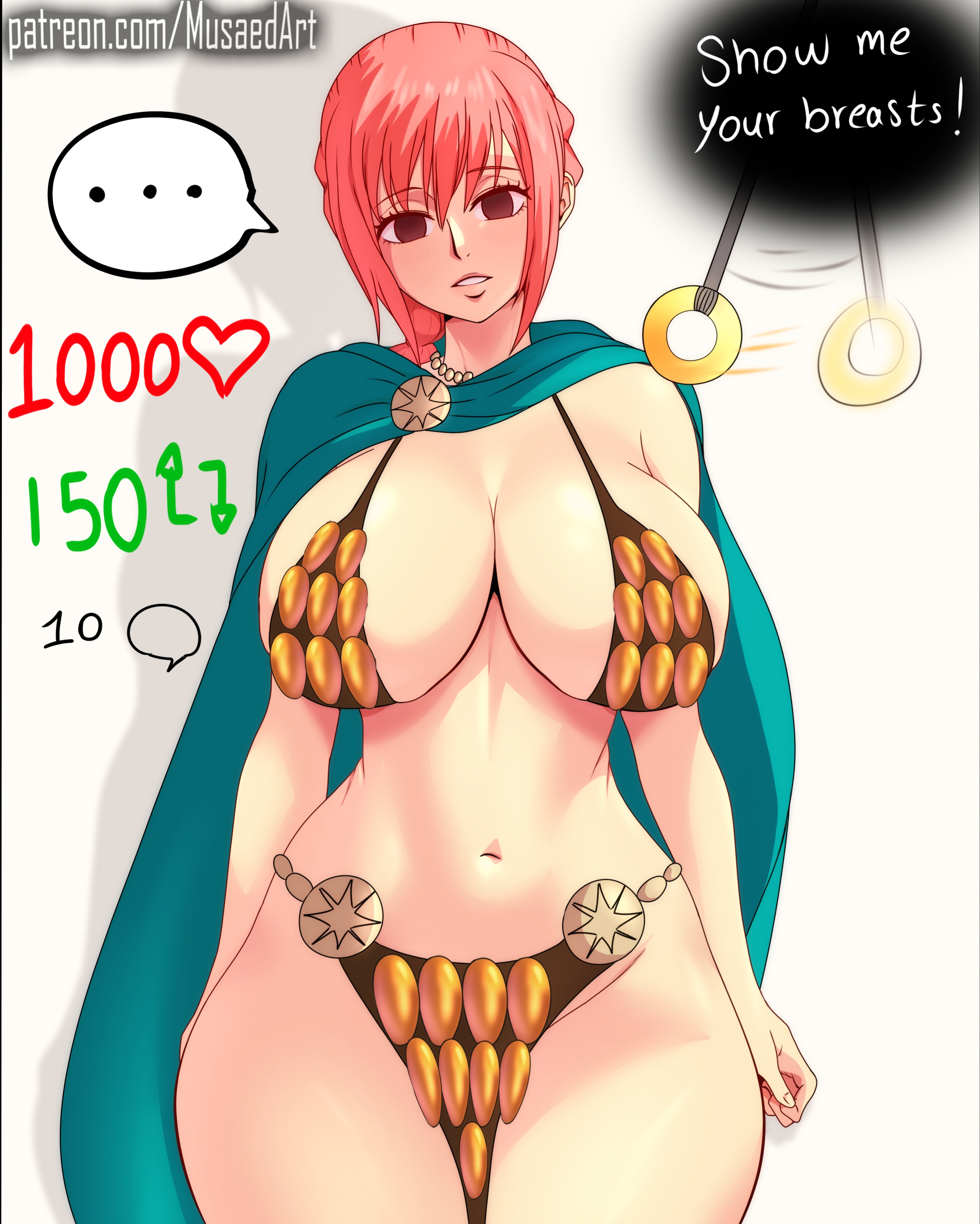1girls, big breasts, bikini, bikini armor, breasts, empty eyes, female, female only, hourglass figure, hypnosis, musaed art, one piece, pink hair, pink-haired female, rebecca (one piece), teenage female, teenager, voluptuous teenager