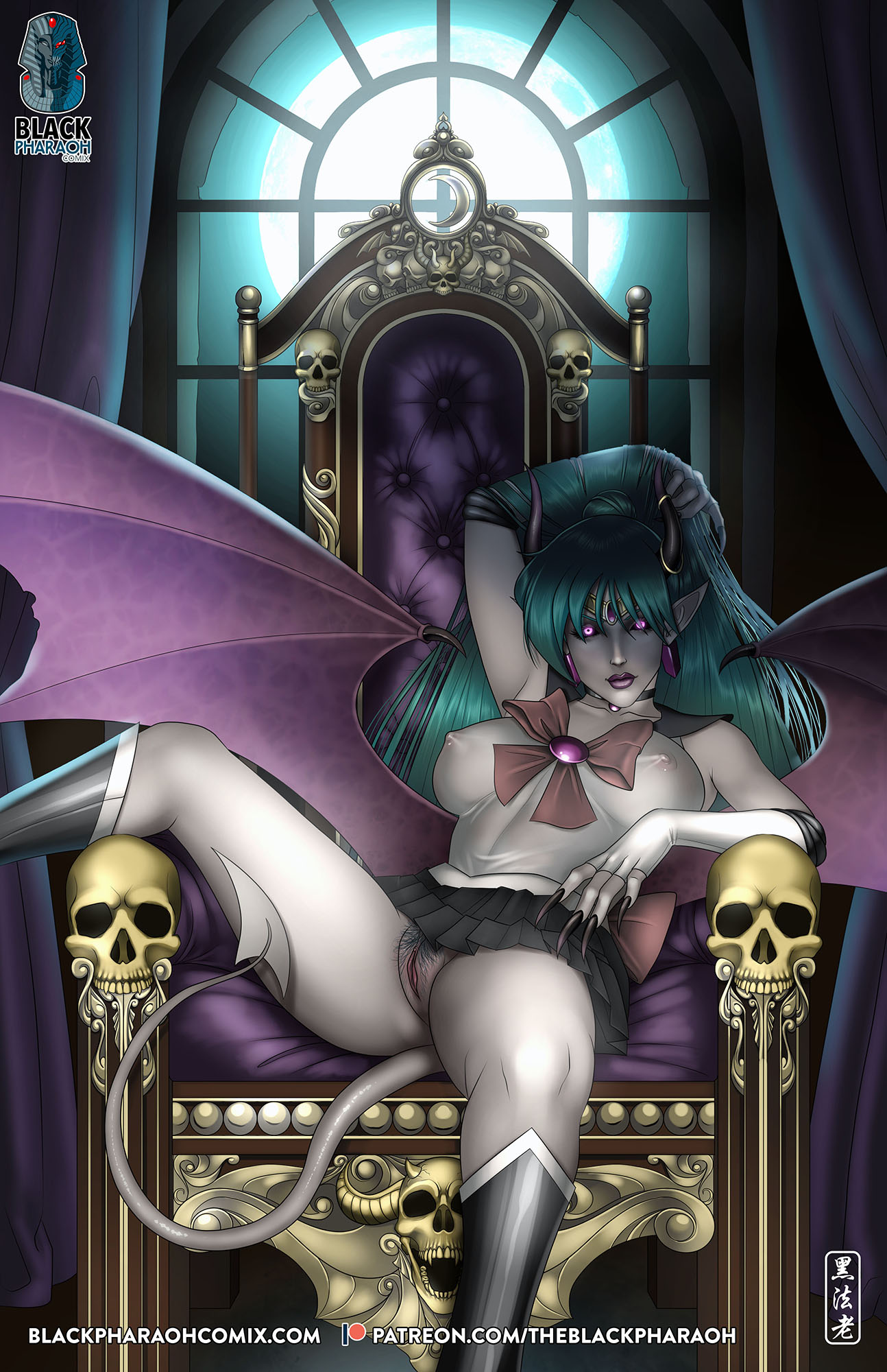 ass, bishoujo senshi sailor moon, breasts, claws, clothing, corruption, covered nipples, demon, demon girl, demon horns, demon tail, erect nipples, erect nipples under clothes, female, huge ass, huge breasts, large breasts, nipples, no panties, pubic hair, pussy, sailor pluto, setsuna meiou, skirt, succubus, theblackpharaoh, thick thighs, wide hips