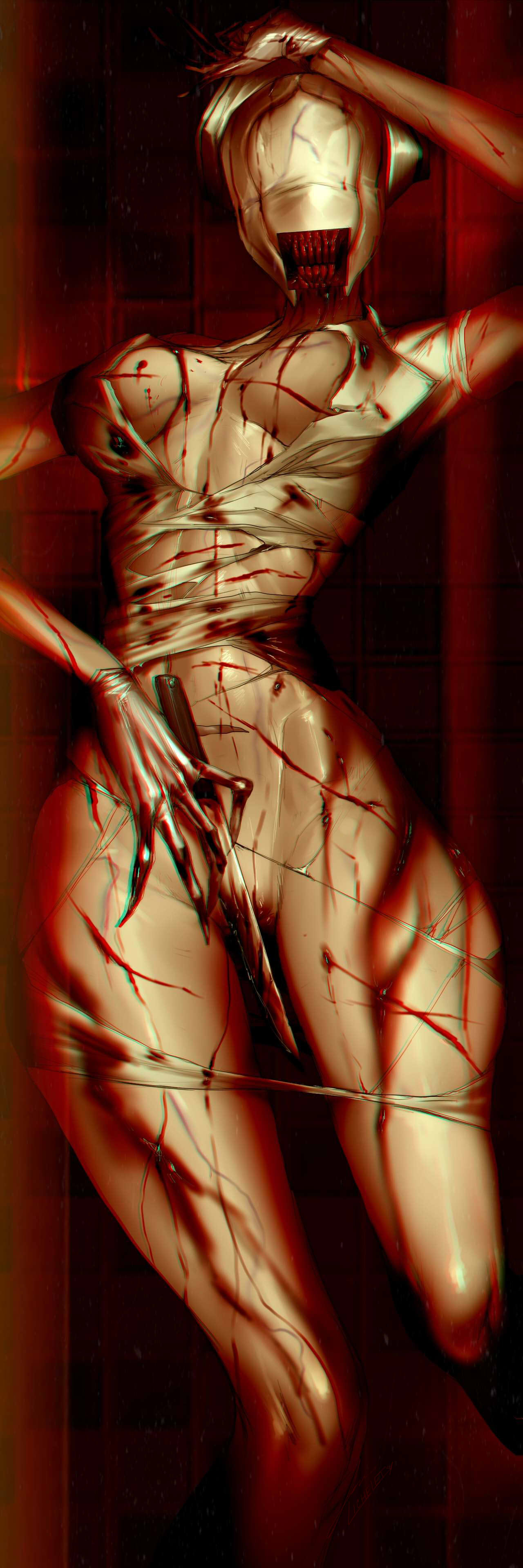 2d, 2d (artwork), blood, bubble head nurse, creepy, eyeless, female, lichelet, monster, monster girl, nightmare fuel, nurse, nurse (silent hill), nurse cap, nurse uniform, sharp teeth, silent hill, silent hill 2