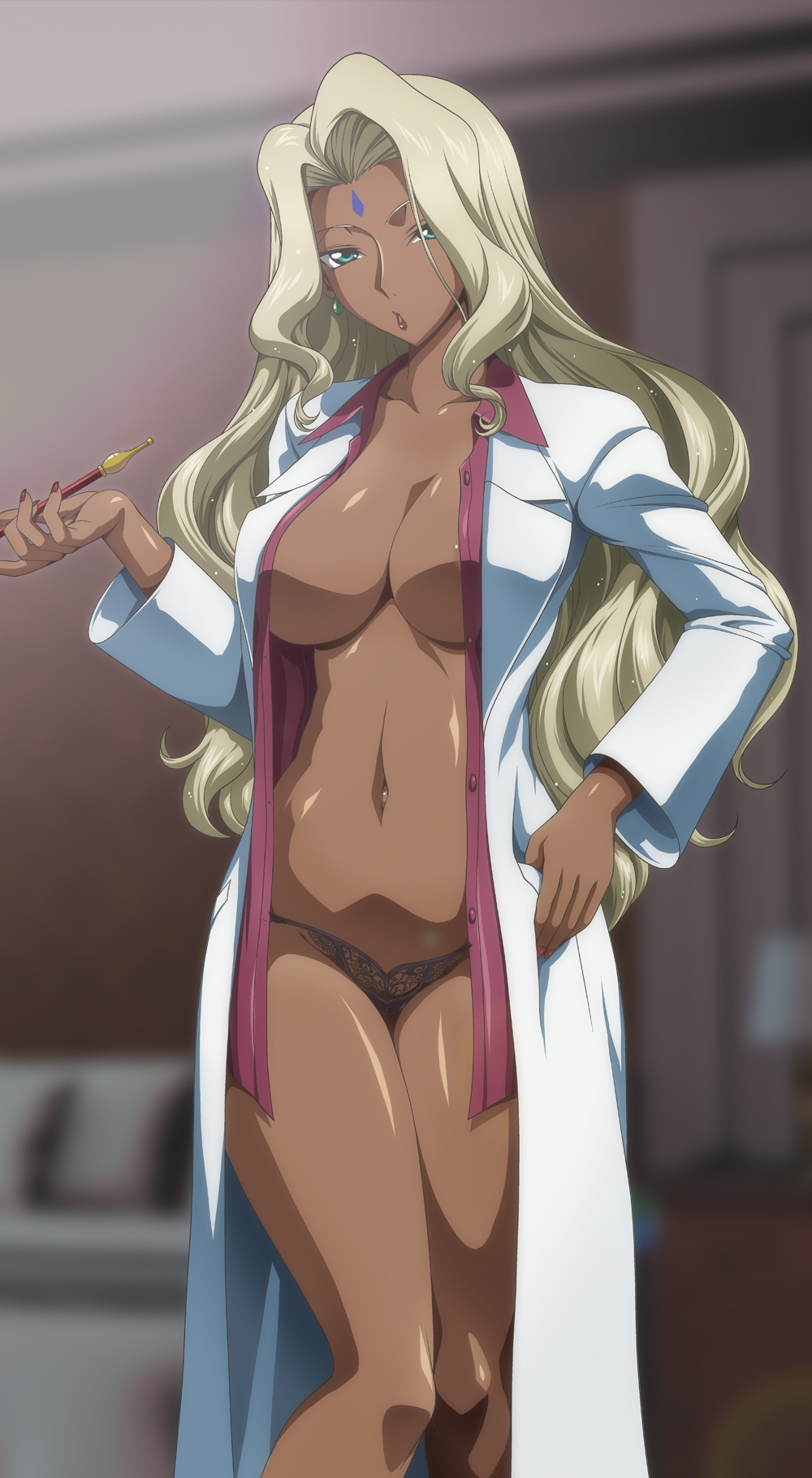 big_breasts bindi blonde_hair code_geass dark-skinned_female green_eyes indian indian_female kiseru lab_coat no_bra panties rakshata_chawla smoking_pipe topless