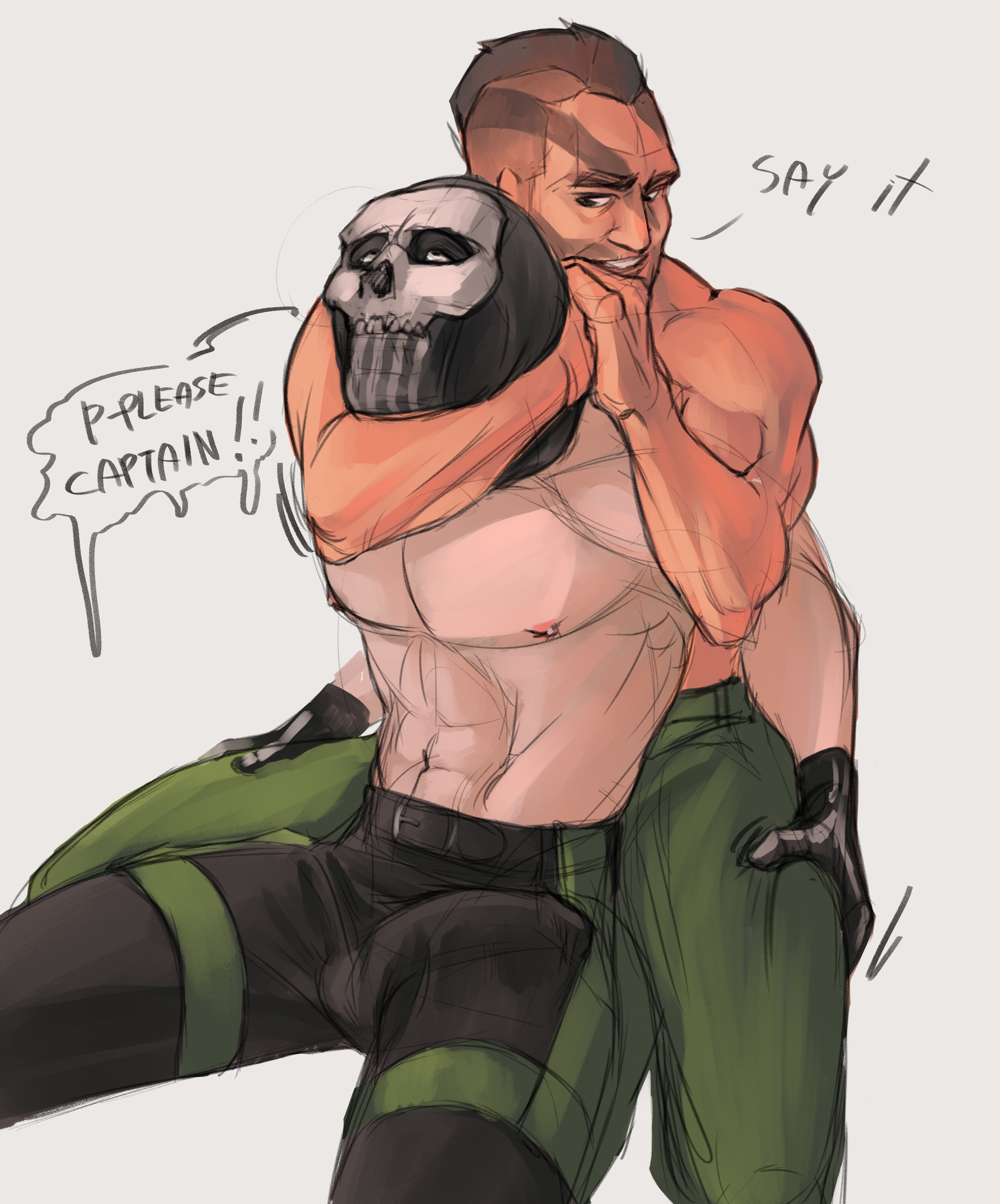 artist request, bulge, bulge through clothing, call of duty, call of duty modern warfare 2 (2022), choking, flustered, ghost (modern warfare 2), headlock, john mactavish, male, male only, male/male, mask, masked, masked male, partially clothed, simon riley, soap (modern warfare 2)