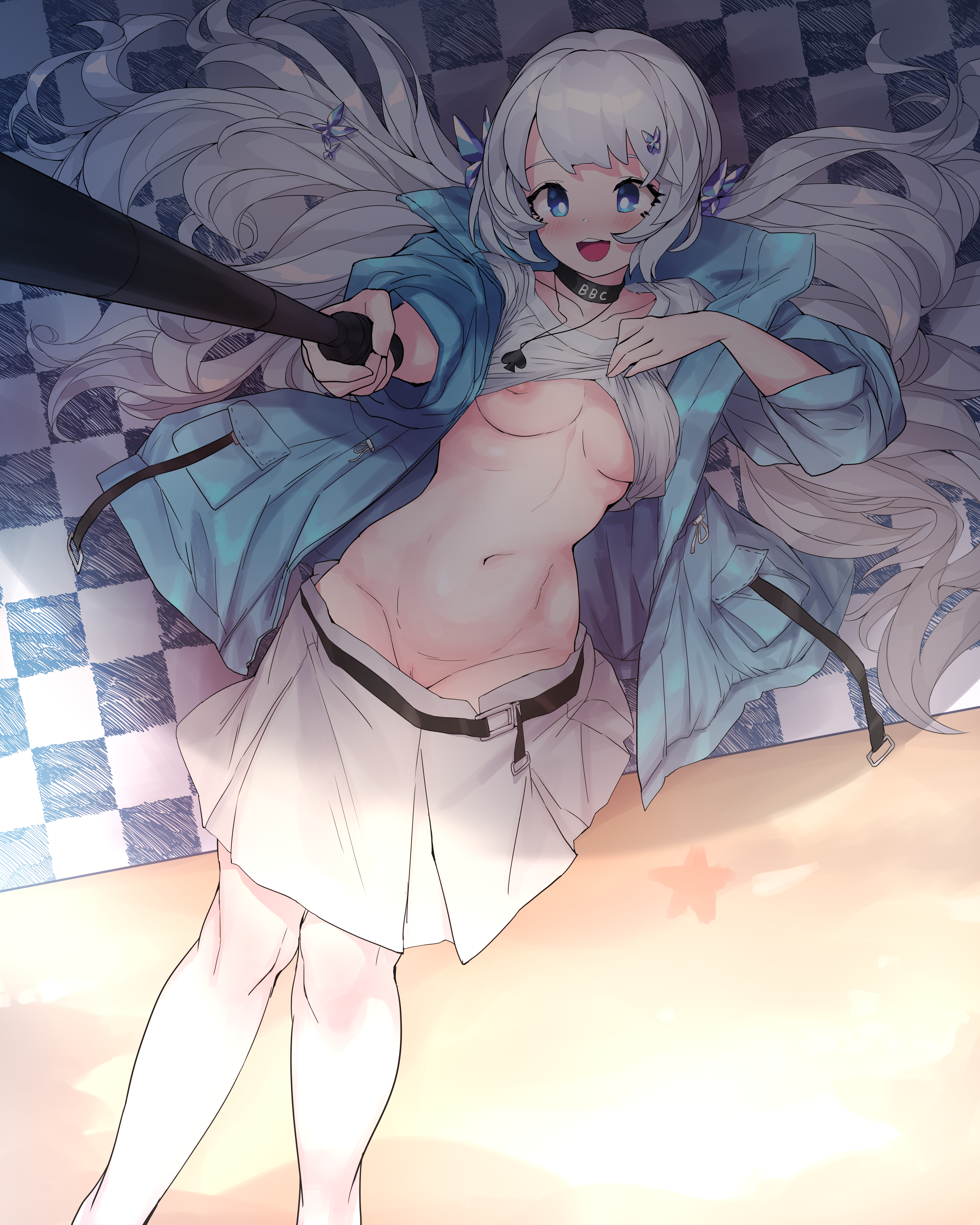 1girls, areola slip, areolae, big breasts, blue eyes, blush, breasts, choker, female, female only, grey hair, hairclip, indie virtual youtuber, jacket, light skin, light-skinned female, long hair, navel, necklace, nipples, open clothes, open mouth, pale skin, pale-skinned female, queen of spades, selfie, selfie stick, shirt lift, shizuku lulu, skirt, smiling, solo, tummy, virtual youtuber, 悲伤 (bēishāng)