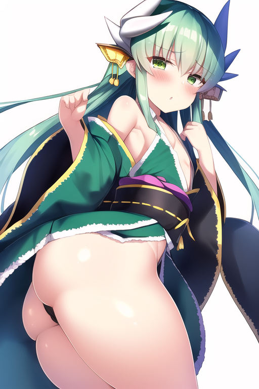 ai_generated ass ass_focus big_ass blush dragon_ears fate/grand_order fate_(series) female from_behind green_hair horns huge_ass kimono kiyohime_(fate/grand_order) long_hair looking_at_viewer orange_eyes panties shiny shiny_clothes shiny_hair shiny_skin solo sweat thick_thighs very_long_hair