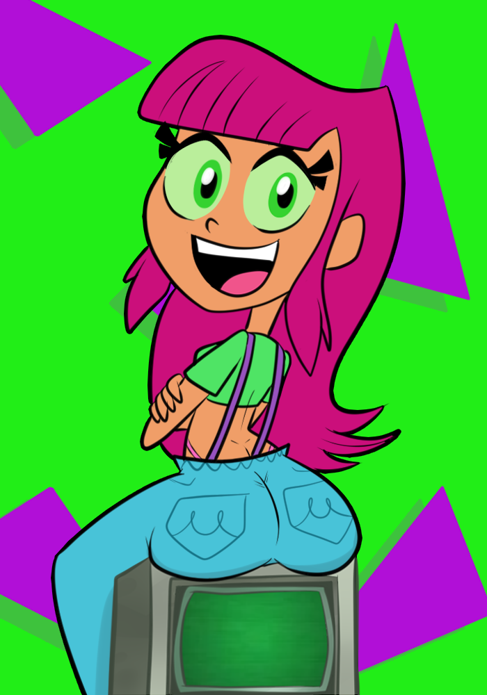 1girls alien alien_girl alternate_costume alternate_hairstyle arms_crossed ass ass_focus big_ass cartoon_network cute dat_ass dc fat_ass fat_cheeks green_eyes green_sclera happy jeans koriand'r looking_at_viewer looking_back pants scobionicle99 sitting smile starfire suspenders tagme tamaranean teen_titans teen_titans_go