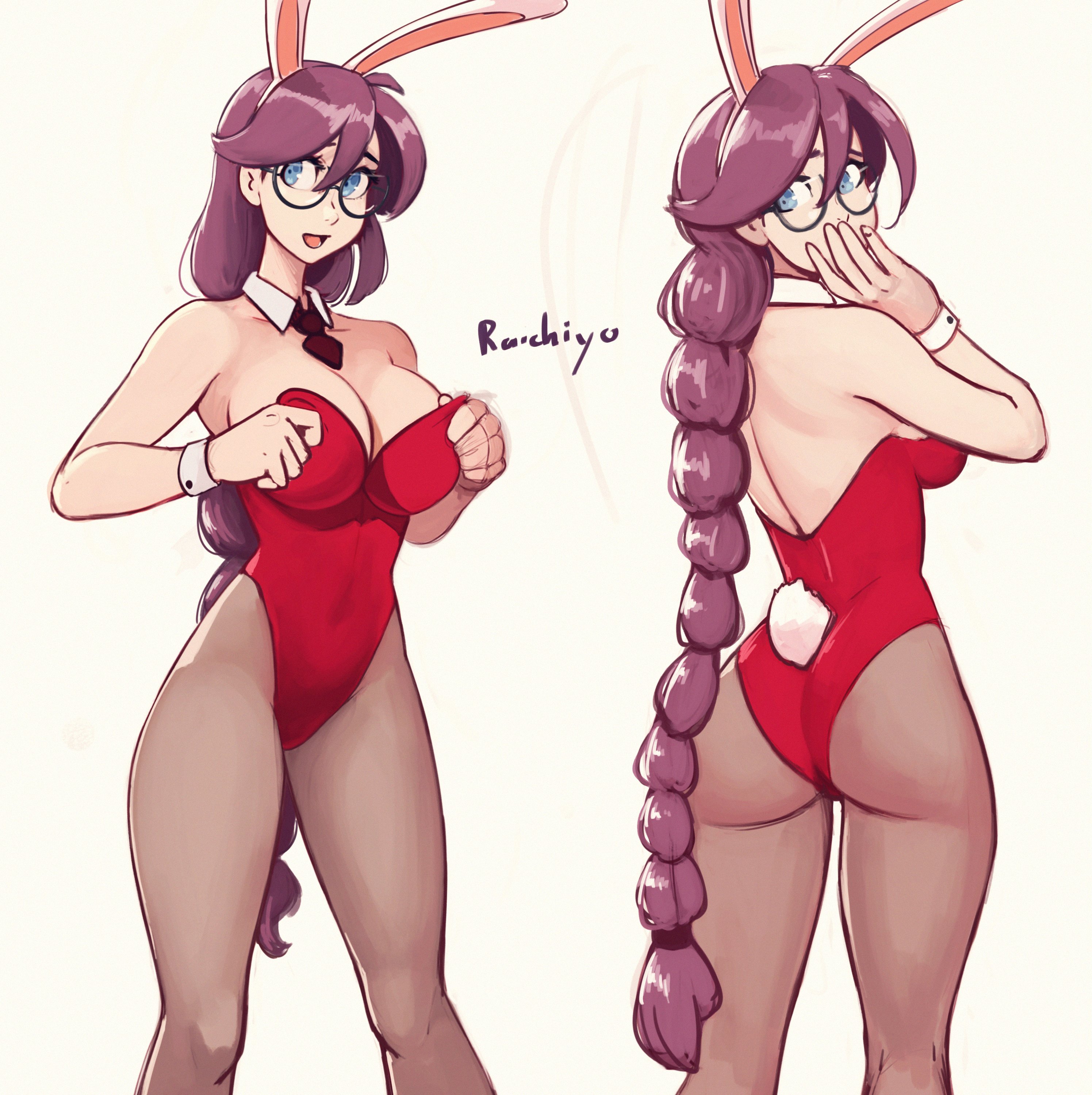 1girls, 2022, ass, blue eyes, braided hair, breasts, bunnysuit, eiyuu densetsu, emma millstein, female, glasses, long hair, looking at viewer, raichiyo33, sen no kiseki, signature, simple background, solo, solo focus, trails of cold steel