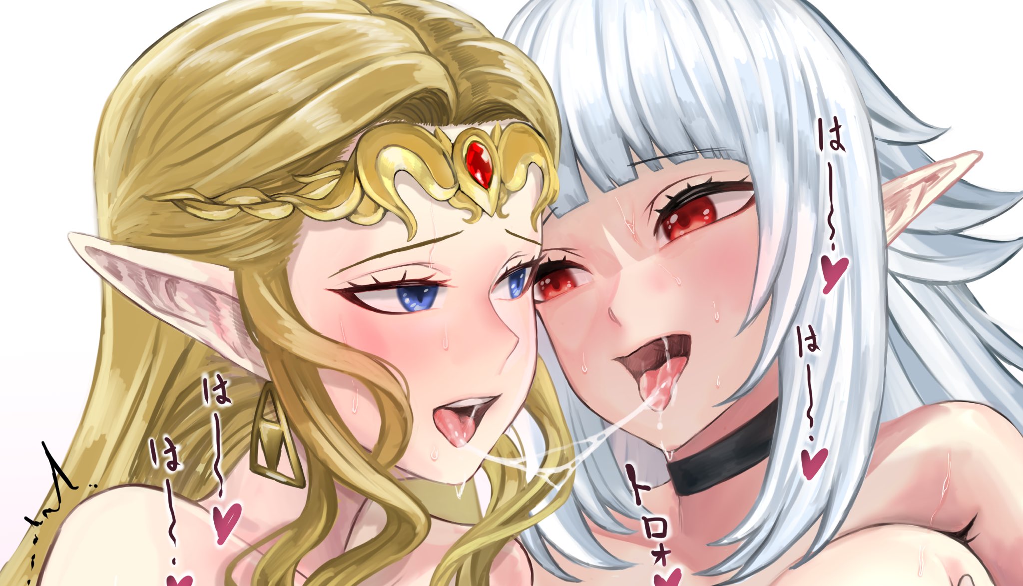 2girls, after kiss, bangs, blonde hair, blue eyes, einelotta, elf, female, female only, german vtuber, kissing, long hair, multiple females, multiple girls, ocarina of time, pocari66, pointy ears, princess zelda, red eyes, saliva, saliva string, the legend of zelda, triforce earrings, virtual youtuber, vtuber, white hair, yuri, zelda (ocarina of time)