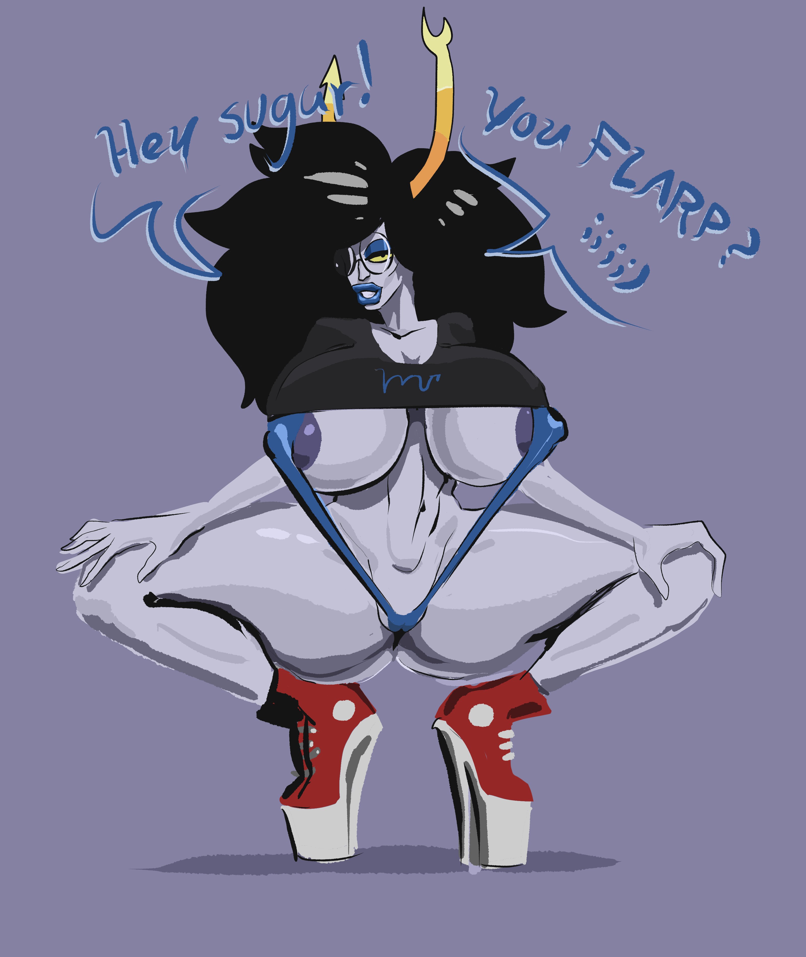 1girls, areolae, bimbo, bimbo body, bimbofied, black hair, blue eyes, eyepatch, female, female only, glasses, grey skin, high heels, homestuck, horn, horns, lipstick, long hair, looking at viewer, putricia, shirt, shirt lift, shoes, solo, speech bubble, string bikini, text, thick thighs, vriska serket, yellow sclera
