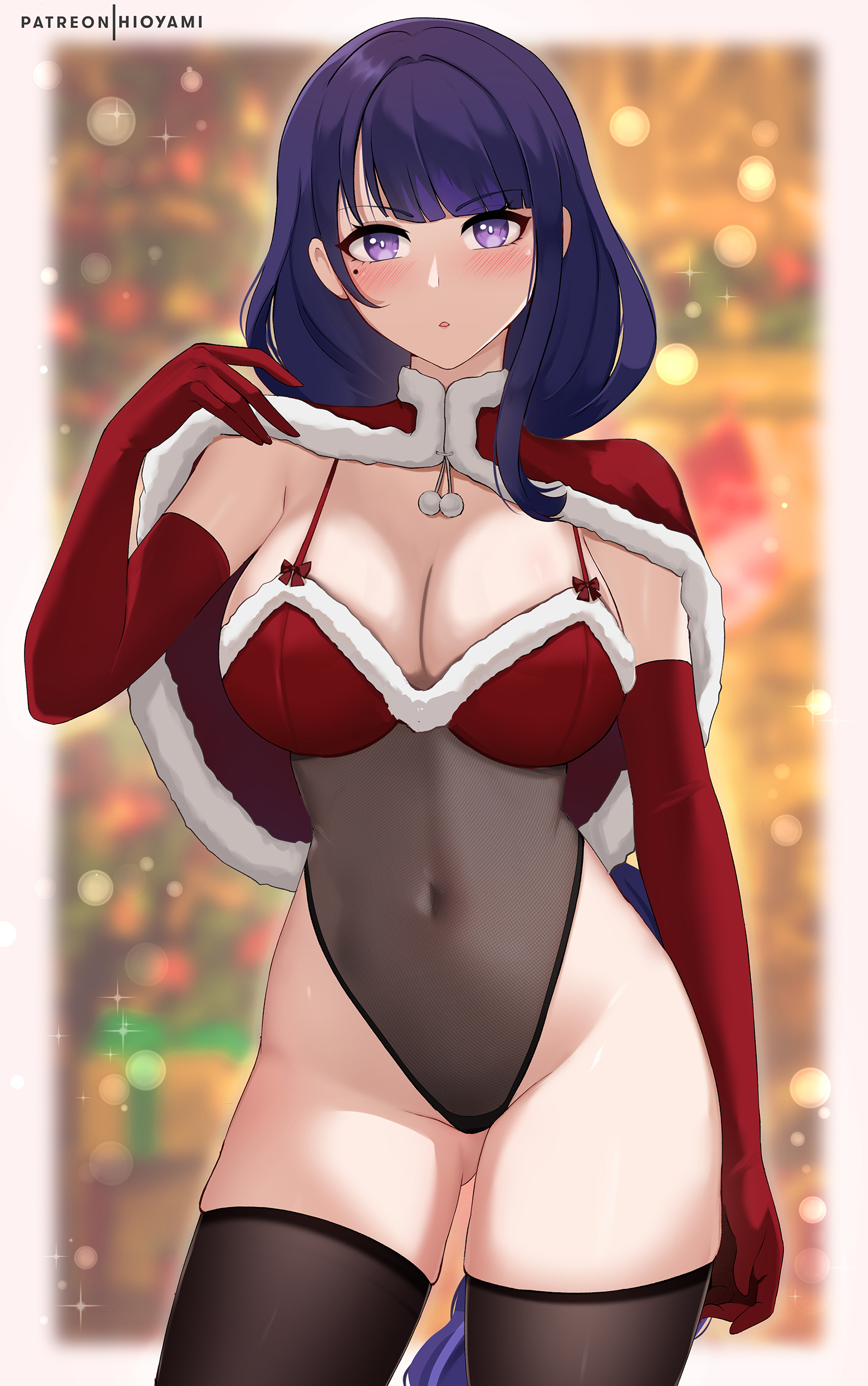 1girls, armwear, big breasts, blush, breasts, christmas, eye contact, female, female only, genshin impact, hioyami, legwear, leotard, light skin, light-skinned female, looking at viewer, purple eyes, purple hair, raiden shogun, solo, thighhighs, thighs, very long hair