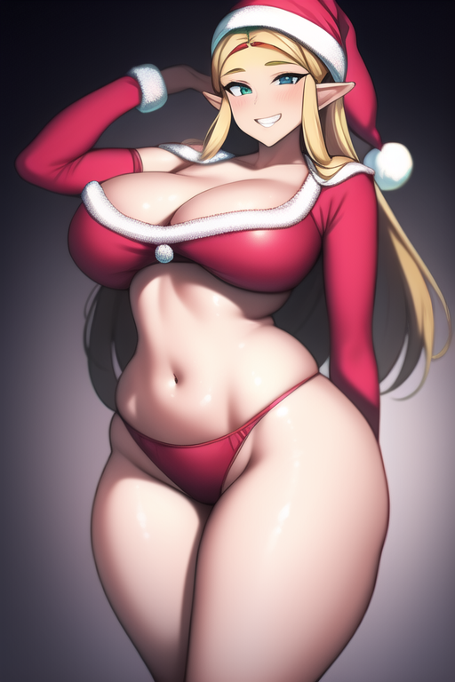 ai generated, ass, blonde hair, blue eyes, breasts, christmas outfit, curvy, female, green eyes, heterochromia, huge ass, huge breasts, huge hips, long hair, looking at viewer, nai diffusion, pointy ears, princess zelda, santa hat, seductive smile, shiny hair, shiny skin, stable diffusion, the legend of zelda, voluptuous, wide hips