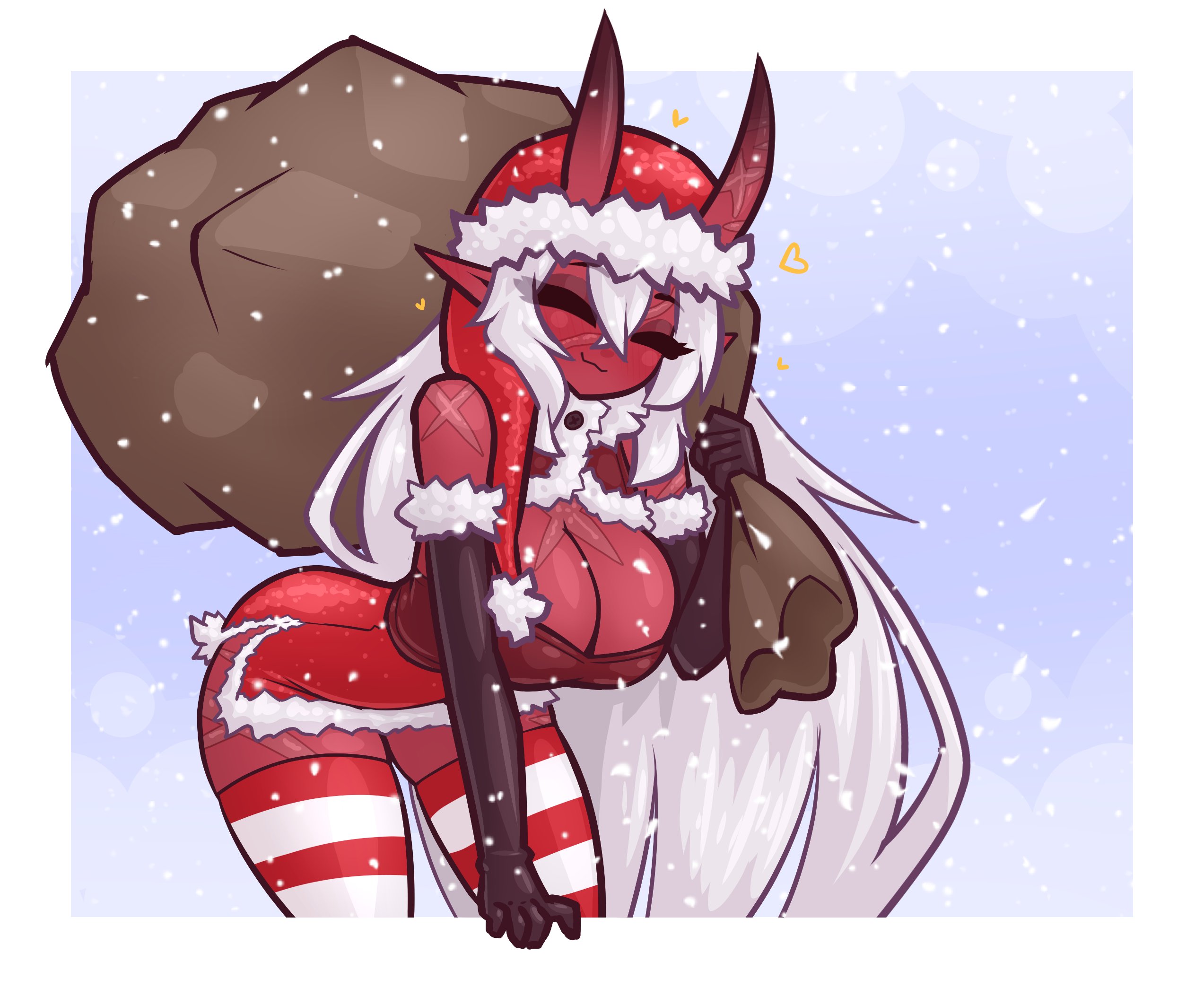 1girls, akumi, big breasts, breasts, christmas, cleavage, elbow gloves, female, female only, gloves, large breasts, limebreaker, oni, oni female, oni horns, pointy ears, red skin, red-skinned female, scars, snow, solo, virtual youtuber, vyugen, white hair