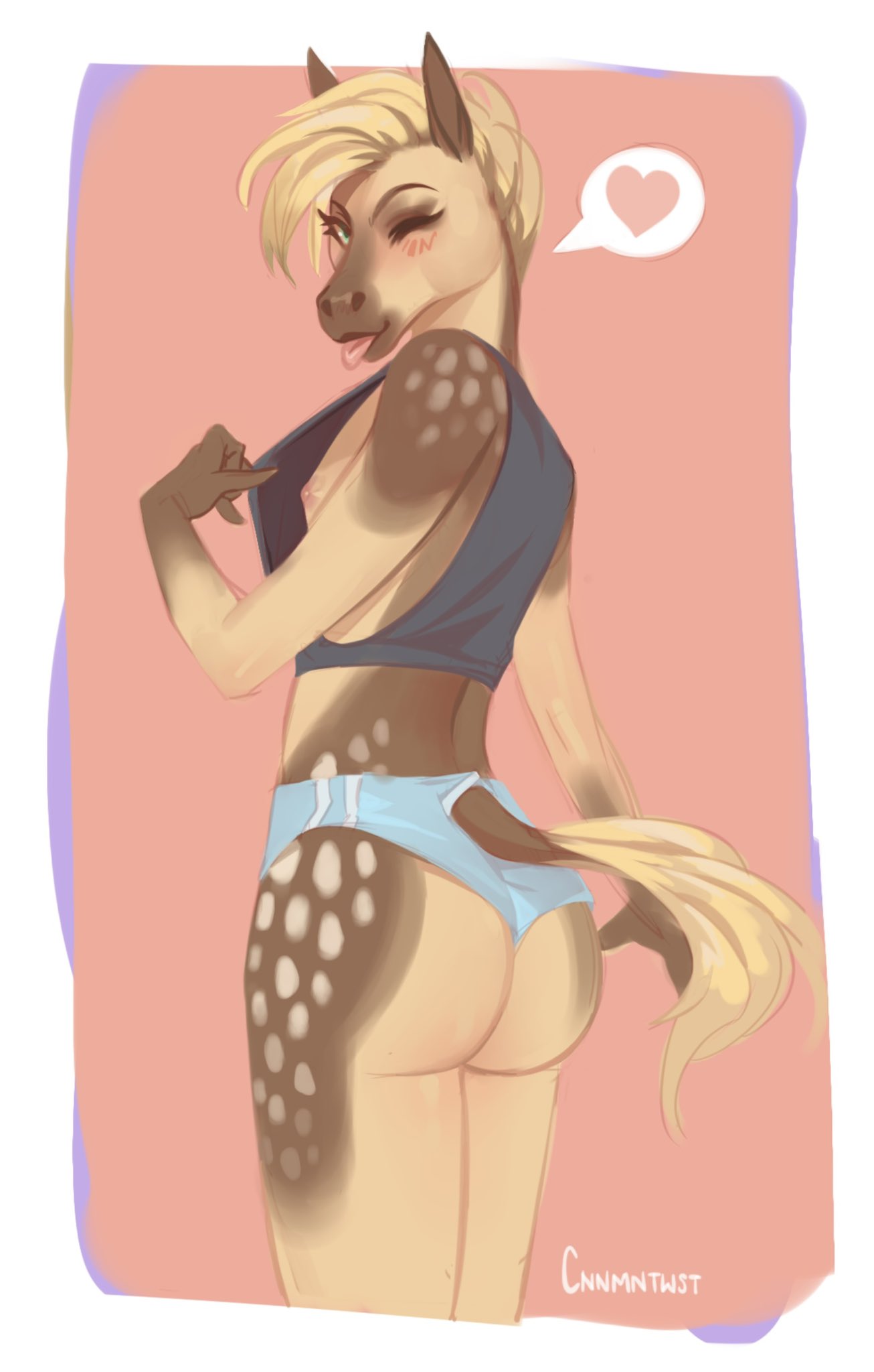 anthro ass bedroom_eyes big_butt blonde_hair blonde_mane blue_bottomwear blue_clothing blue_eyes blue_shorts blush blush_lines bottomwear breasts clothing cnnmntwst crop_top dark_ears dark_hands ears_up equid equine eyelashes female fur hair heart hi_res horse hotpants long_mane looking_at_viewer mammal mane markings narrowed_eyes nipple_slip nipples one_eye_closed presenting seductive shirt shorts side_boob side_nipple side_view simple_background slim solo speech_bubble spots spotted_body spotted_fur spotted_legs spotted_markings tail_through_underwear thick_thighs thin_eyebrows tongue tongue_out topwear unknown_character wink winking_at_viewer