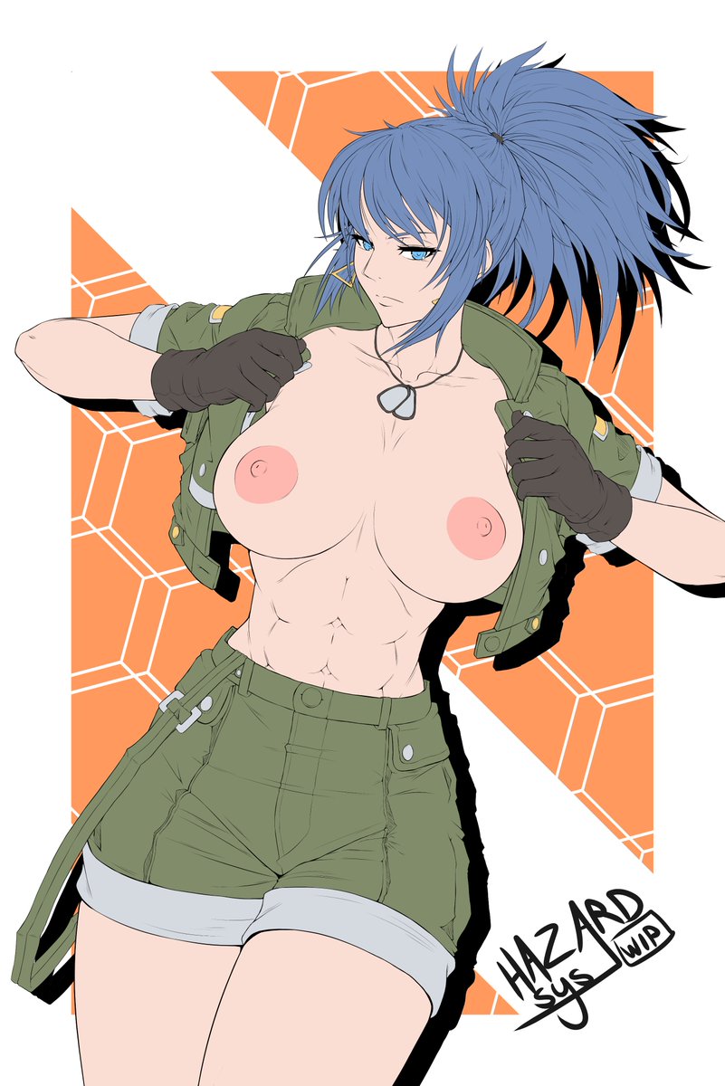 abs black_gloves blue_eyes blue_hair breasts dog_tags earrings female female_only gloves green_shorts hazard_sys highres ikari_warriors jacket jewelry king_of_fighters king_of_fighters_xv large_breasts leona_heidern muscular muscular_female nipples open_clothes open_jacket ponytail shorts signature snk solo triangle_earrings unbuttoned unfinished