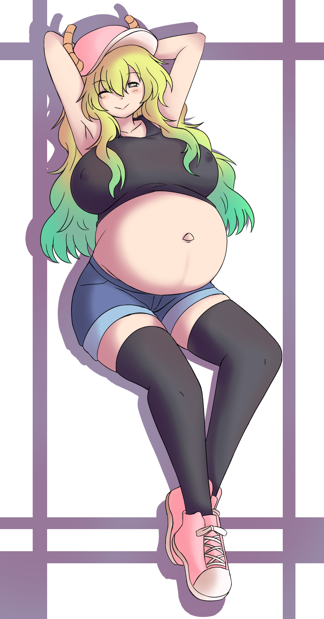 1girls, artist request, big belly, blonde hair, blue hair, female, female only, green hair, jean shorts, kobayashi-san chi no maidragon, linea nigra, lucoa, multicolored hair, nipples visible through clothing, pregnant, quetzalcoatl (dragon maid), quetzalcoatl (miss kobayashi's dragon maid), sneakers, solo, stockings, tagme, thighhighs
