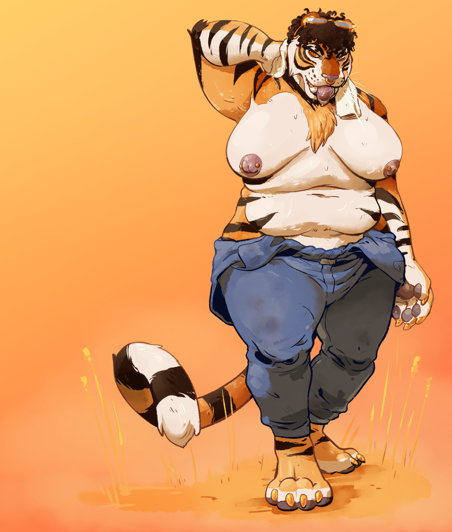 1girls 2020 adabear anthro big_breasts black_fur black_stripes breasts brown_hair claws curly_hair fat female furry glasses glasses_on_head gold_claws gold_jewelry gold_tooth hand_behind_head nipple_piercing nipples nose_piercing nose_ring orange_background orange_eyes orange_fur orange_theme overweight overweight_female pants pawpads paws pink_nipples pink_tongue septum_piercing septum_ring shirtless short_hair solo standing stripes_(marking) tiger tongue tongue_out towel