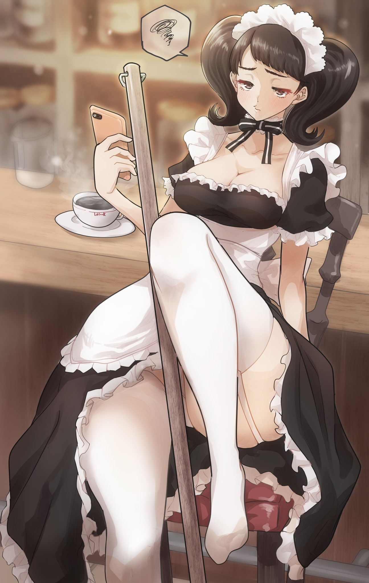 1girls annoyed big_breasts blush blush_lines blushing_at_viewer breasts clothed clothing coffee feet feet_up female female_only full_body fully_clothed kurosususu maid maid_headdress maid_uniform on_phone panties persona persona_5 phone sadayo_kawakami sitting solo thick_thighs thighhighs thighs twintails underwear