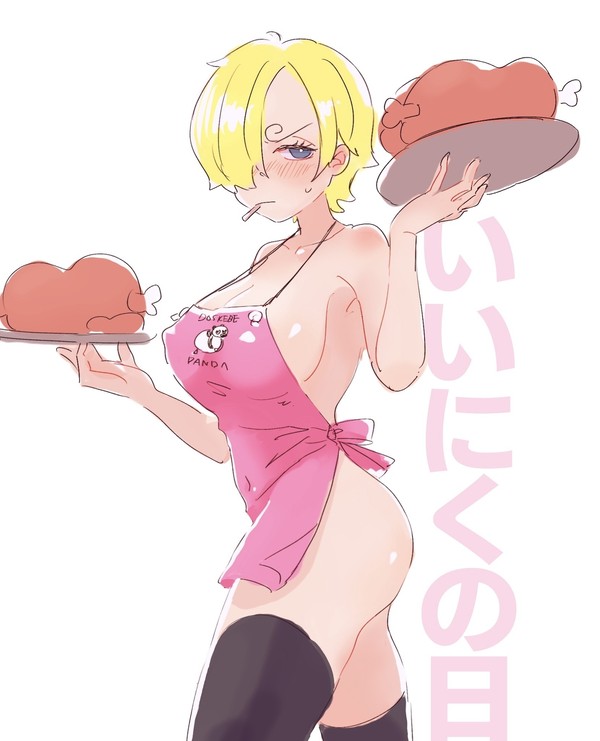 annoyed apron big_breasts black_legwear blonde_hair blue_eyes blush breasts chicken cigarette female female_only food genderswap_(mtf) glaring looking_at_viewer naked_apron nipple_bulge one_piece pout raw_meat_(artist) rule_63 sanji stockings vinsmoke_sanji waitress