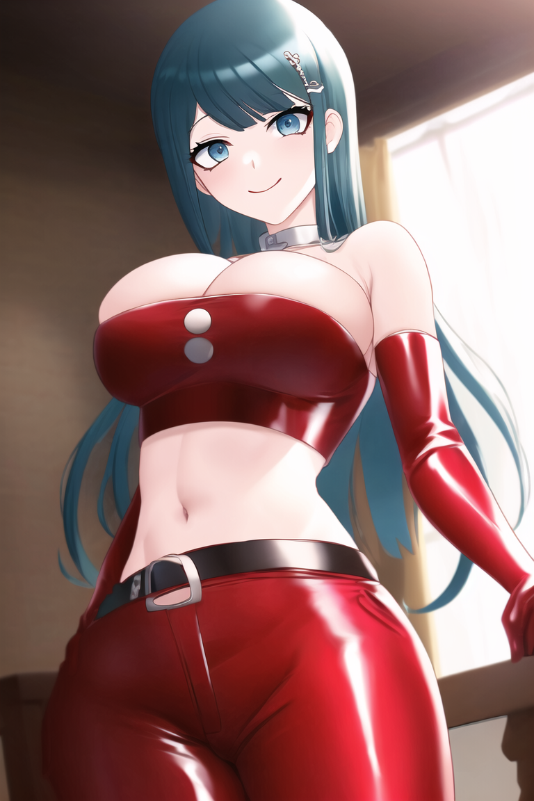 1girls ai_generated bandeau bangs bare_shoulders belt big_breasts black_belt blue_eyes blue_hair collarbone cowboy_shot danganronpa danganronpa:_trigger_happy_havoc elbow_gloves gloves hair_ornament large_breasts latex latex_gloves long_gloves long_hair looking_at_viewer maizono_sayaka midriff nai_diffusion navel red_gloves red_pants red_strapless smile solo stable_diffusion strapless