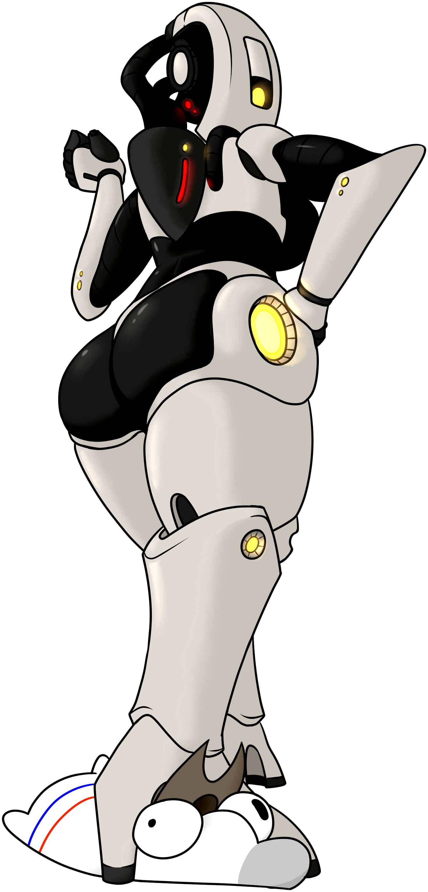 1 eye, 1girls, 2d, ass, big ass, domination, female, female only, glados, glados (humanoid), hand on hip, heels, humanoid, looking back, looking down, portal (series), robot, stepped on, valve