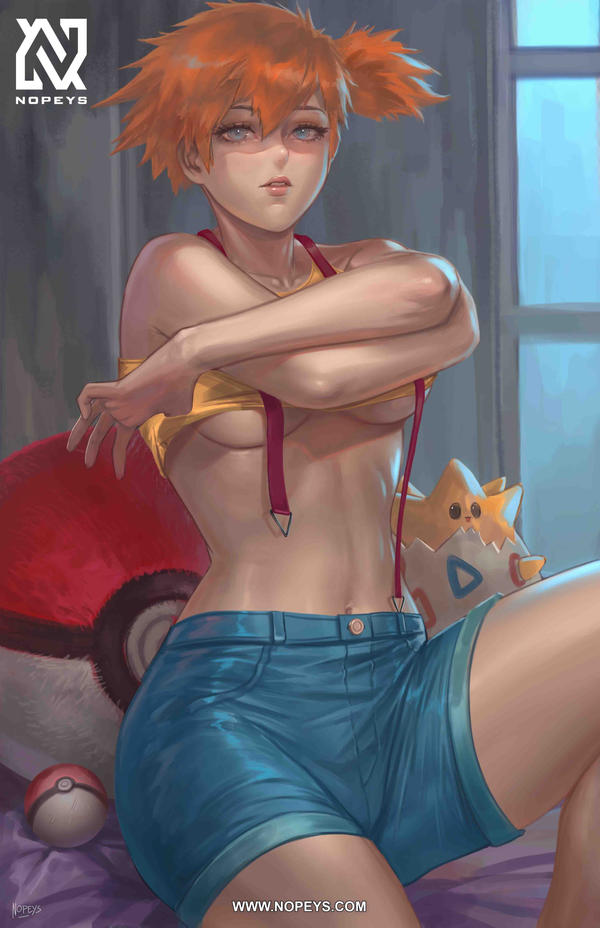 blush breasts cleavage clothing female female_only high_resolution human human_only kasumi_(pokemon) looking_at_viewer no_bra nopeys open_mouth pokemon pokemon_character shirt shirt_lift solo togepi underboob undressing undressing_self