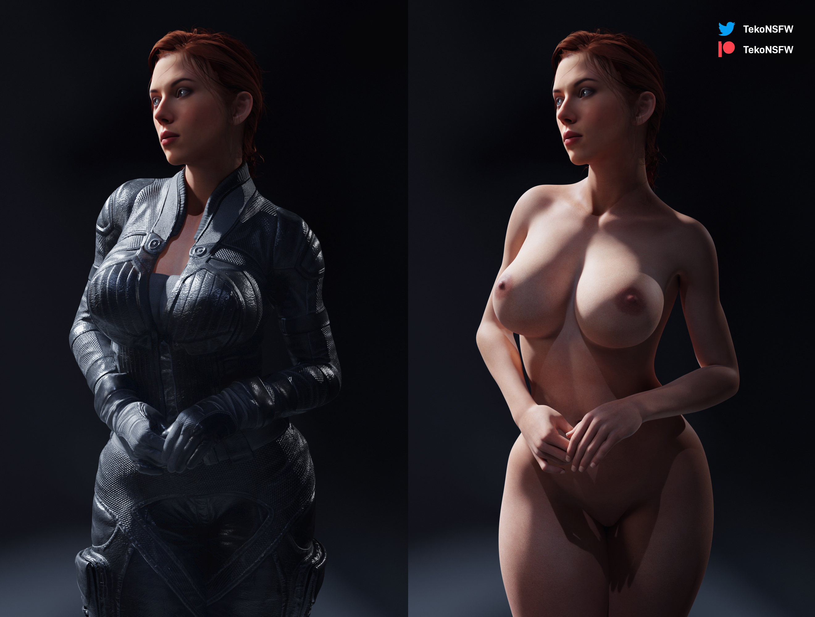 1girls, 3d, athletic, athletic female, big breasts, black widow (marvel), bodysuit, breasts, cleavage, clothed, clothed/nude, female, female only, gloves, hourglass figure, human, human only, light skin, light-skinned female, looking away, marvel, marvel cinematic universe, marvel comics, mature, mature female, natasha romanoff, nude, nude female, red hair, redhead, scarlett johansson, short hair, solo, solo female, straight hair, tagme, tekonsfw, thick thighs, voluptuous