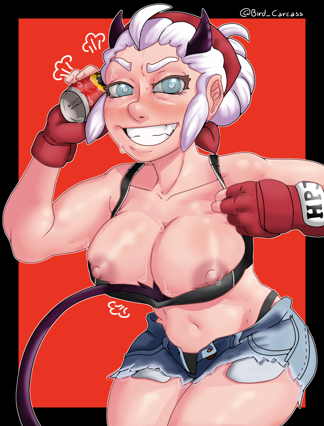 beer beer_can blind blush devil_tail exposed_breasts exposed_nipples gloves helltaker horns jean_shorts justice_(helltaker) light-skinned_female looking_at_viewer mostly_clothed simple_background smile twitter_username vulture_(artist) white_hair