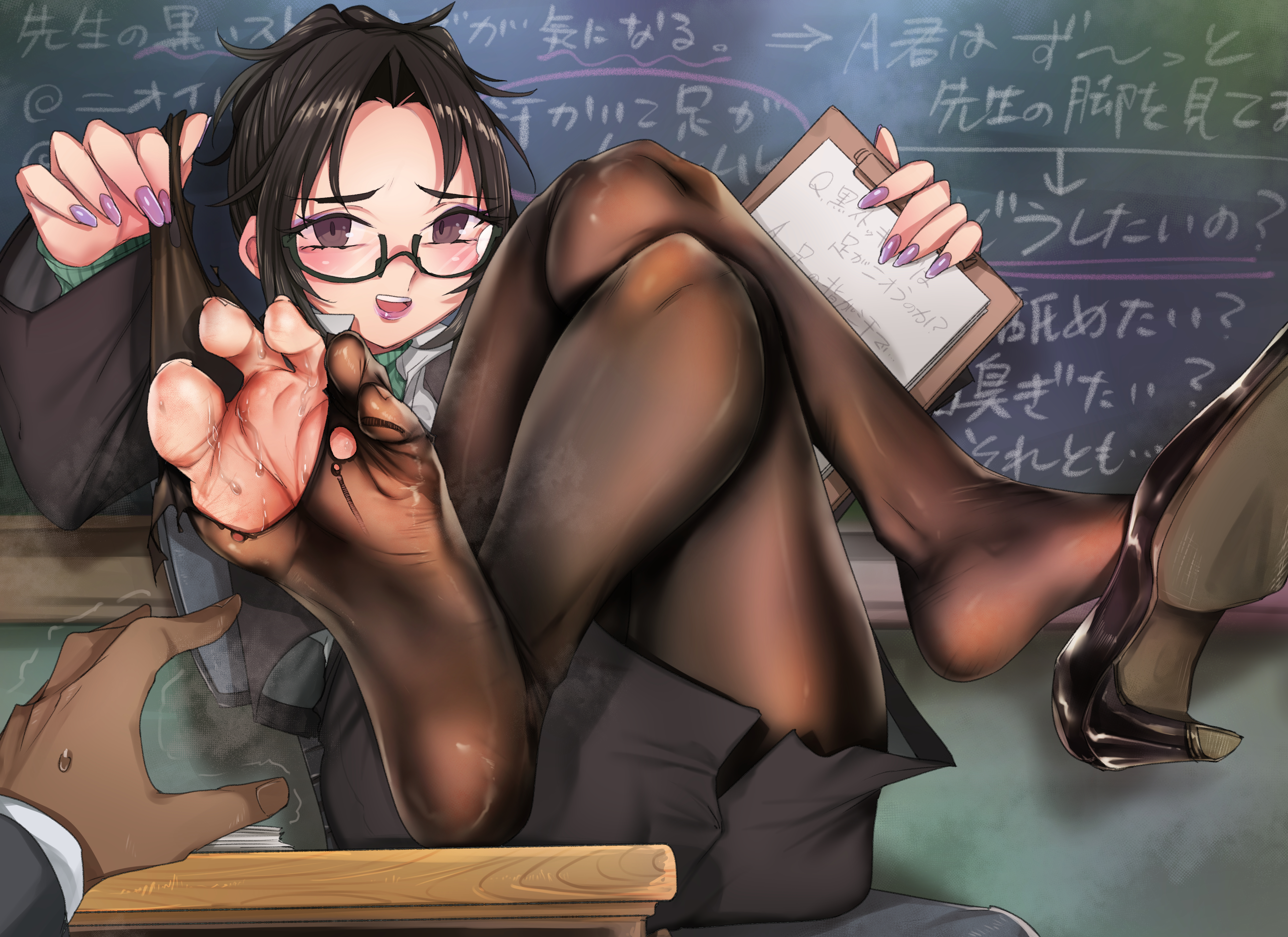 ana xenakis, feet, foot fetish, foot focus, glasses, greek toe, grief (series), hair bun, highres, open mouth, pantyhose, shoes, shoes removed, soles, steam, steaming body, sweaty clothes, teacher, teacher and student, toes
