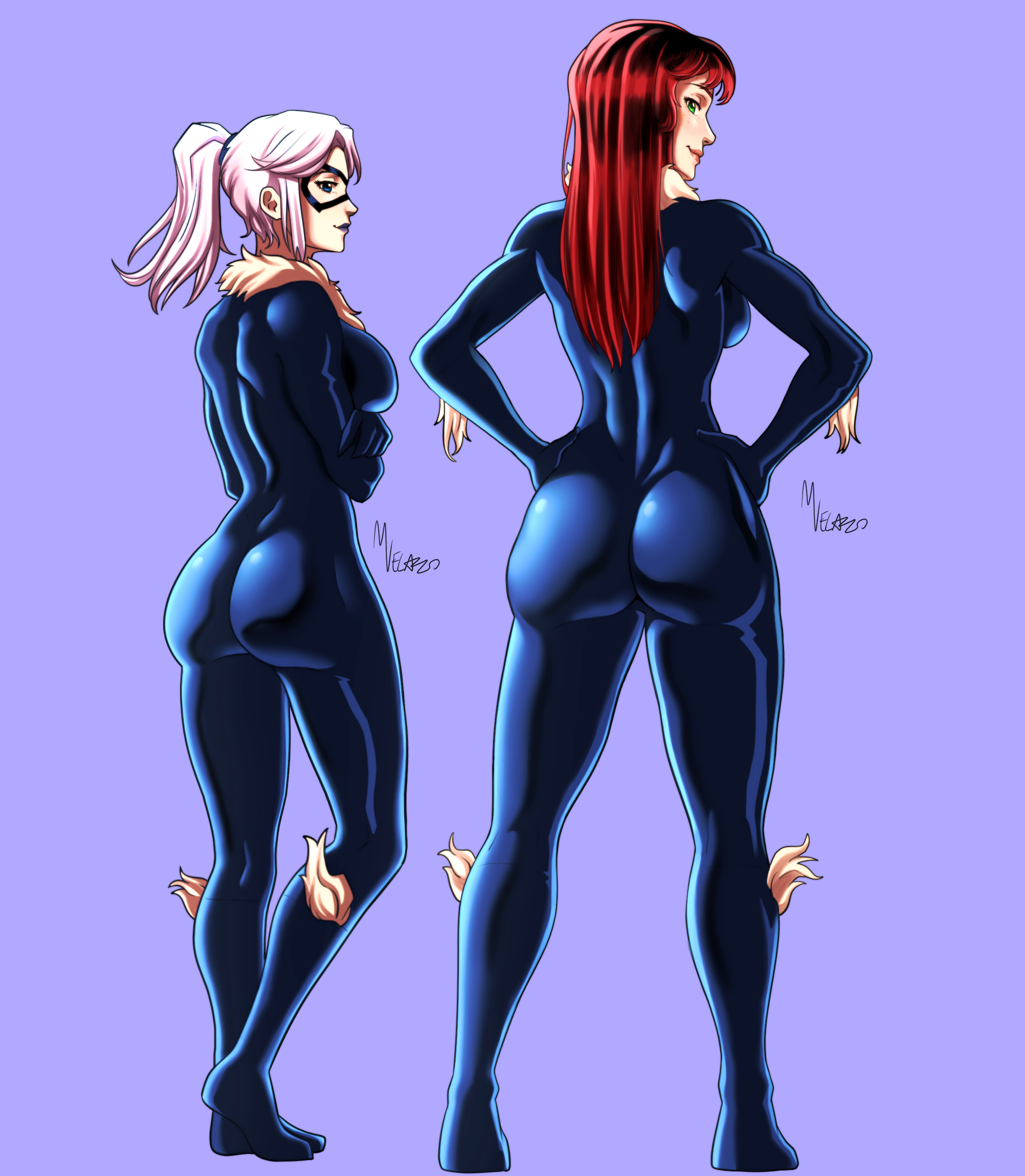2girls, antiheroine, ass, ass focus, big ass, black cat (marvel), browntable enc, duo, duo focus, fat cheeks, felicia hardy, female, female only, marvel, marvel comics, mary jane watson, maudrawz, red hair, straight hair, superheroine, tight clothing, white hair