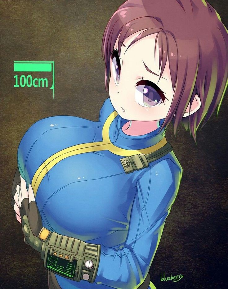 1girls, above view, artist request, big breasts, blush, breasts, brunette, clothed, clothing, computer, electronics, fallout, female, female only, huge breasts, human, leather, looking at viewer, no source, pale skin, pip-boy, purple eyes, sfw, solo, source request, tagme, vault suit, wristwear