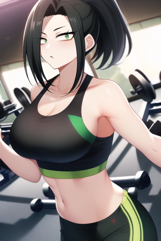 1girls, ai generated, breasts, female, gym, midriff, momo yaoyorozu, my hero academia, stable diffusion, surprised expression, tagme, workout